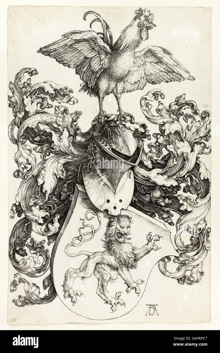 Albrecht Dürer. Wappen mit Löwen und Hahn. 1498 - 1508. Deutschland. Gravur in Schwarz auf Elfenbein Bütten Albrecht Dürers imaginären Wappen ist eines der schönsten Eindrücke des Art Institute, mit einem großen Delikatesse der Linie und der Bereich der Tonwerte und Texturen. Obwohl er eine Reihe von wörtlichen Porträts sowie abstrakte Familienwappen produziert, Dürers over-the-top Behandlung des fliessenden Vorhängen, und die scheinbar lebenden Symbole - krähenden Hahn, und Löwen - auf dem Kamm und Schild schlagen die Künstler genossen, eine Abgestandene ikonographische Übereinkommens auf ihre extreme. Stockfoto