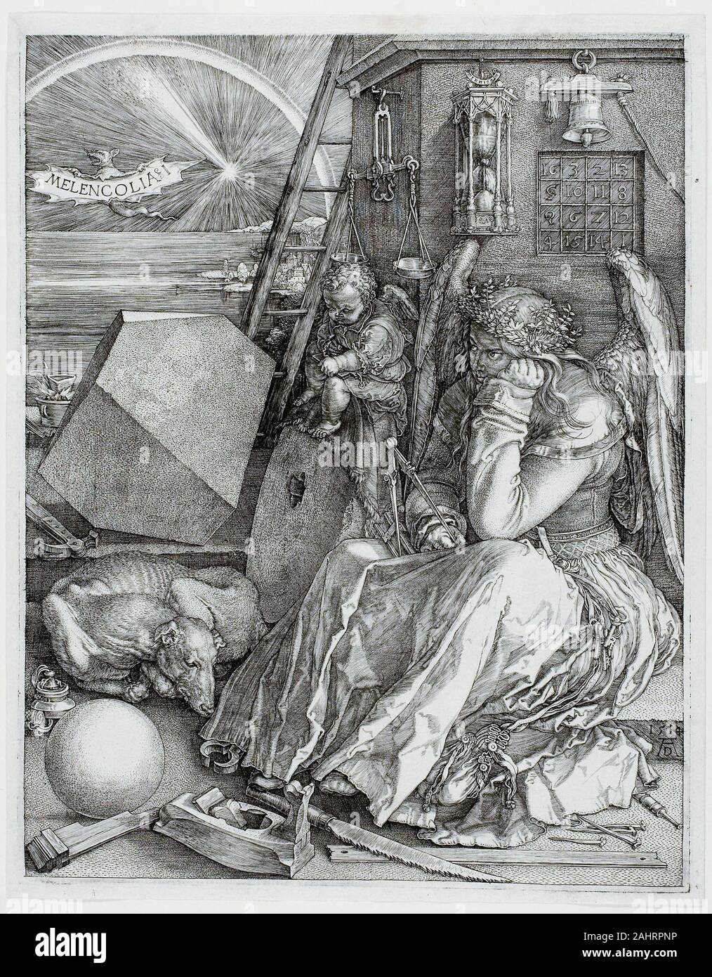 Albrecht Dürer. Melencolia I 1514. Deutschland. Gravur in Schwarz auf Elfenbein Bütten Stockfoto