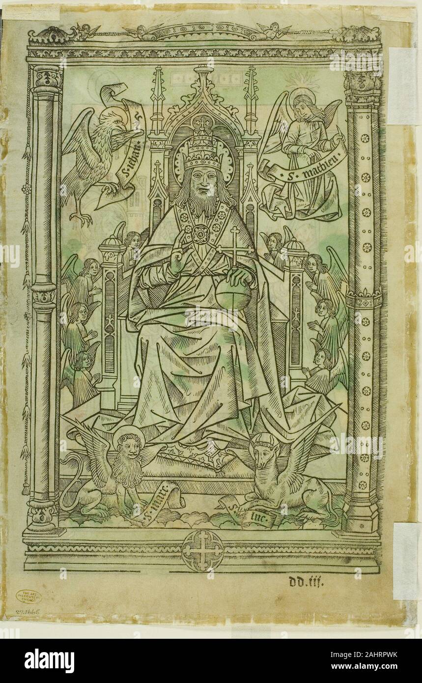Nicolas Prévost (Drucker). Die Kreuzigung mit der Jungfrau Maria und St. John (recto); Gott, der Vater, der Du mit dem Zeichen der Evangelisten (verso). 1495 - 1525. Frankreich. Holzschnitt in Schwarz, mit hand-Färbung, auf Pergament Stockfoto
