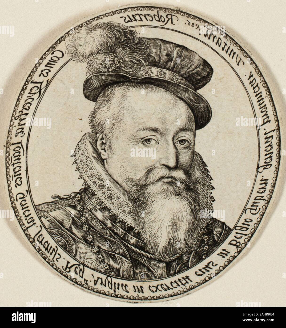 Hendrick Goltzius. Robert Dudley, Earl of Leicester (1532-1588), englischer Edelmann, Generalgouverneur der Vereinigten Provinzen in 1585-87. 1586. Niederlande. Gravur in Schwarz auf Elfenbein bütten wie die ergänzende Genre der bemalte Figuren, kleine Ausdrucke von Porträtfotos erfordern eine enge Kontrolle und feinfühligen Umgang. Die runde Form der zwei dieser Drucke lädt Vergleiche mit ovalen Miniaturen und gegossenen Medaillen, Beispiele, von denen in der Umgebung angezeigt werden. Im Fall des Goltzius Portrait von Dudley (und andere Beispiele aus dem Oeuvre des Künstlers), die Matrix drucken - eine goldene Platte - war selbst ein Werk eines Stockfoto