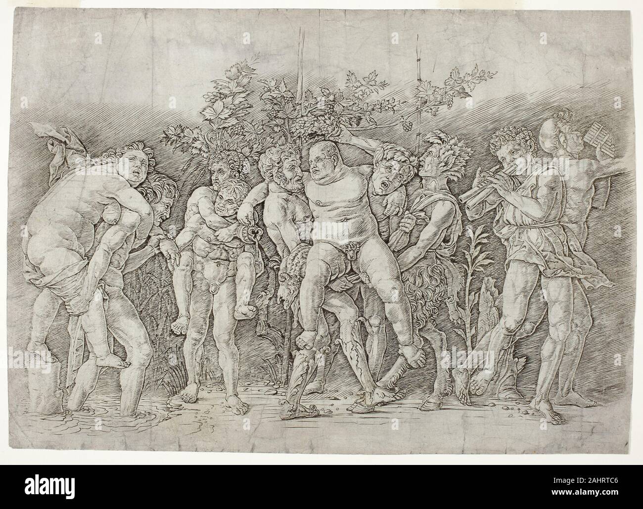 Andrea Mantegna. Bacchanal mit silen. 1475 - 1480. Italien. Gravur auf Papier Andrea Mantegnas Annahme der antiken römischen Motiven beigetragen zu ihren Vorsprung während der italienischen Renaissance, vor allem, wenn sie in weit zirkulierenden und oft kopiert Gravuren übersetzt. Mantegnas länglich bacchanalian Themen besonders loben die Wunder der Gott des Weins sowie die Exzesse der seiner Entourage. In der Tat, in diesem Ausdruck einer Prozession - wie Gruppierung der Figuren, die Dionysos portly, inebriated sidekick Silenos erhält mock Vorzugsbehandlung, wie er von satyrn und gekrönt wit angehoben wird Stockfoto
