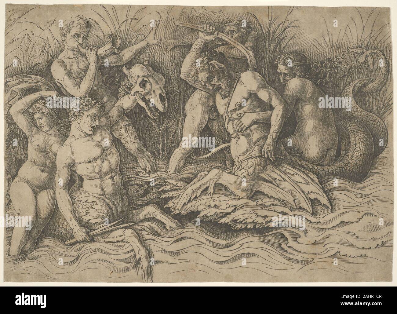 Andrea Mantegna. Kampf der Götter rechte Hälfte der Frieze. 1470 - 1500. Italien. Gravur in Schwarz auf Elfenbeinfarbenem, verfärbt, grau-braun Andrea Mantegnas Kampf der Götter der ersten Drucken können mit einer einheitlichen Komposition, die mehr als ein Blatt festgelegt sind. Im Gegensatz zu Andrea Andreani Triumph von Caesar (1926.452.2-9) und die Stiche nach den gleichen Mantegna Gemälde von seiner eigenen Werkstatt, dieser mythologischen Fries hat nur eine Naht und keine Verschleierung spalten. Albrecht Dürer zeichnete eine Kopie der rechten Hälfte der Frieze 1494, bereits zur Gründung der wegweisenden Bedeutung der Arbeit Stockfoto