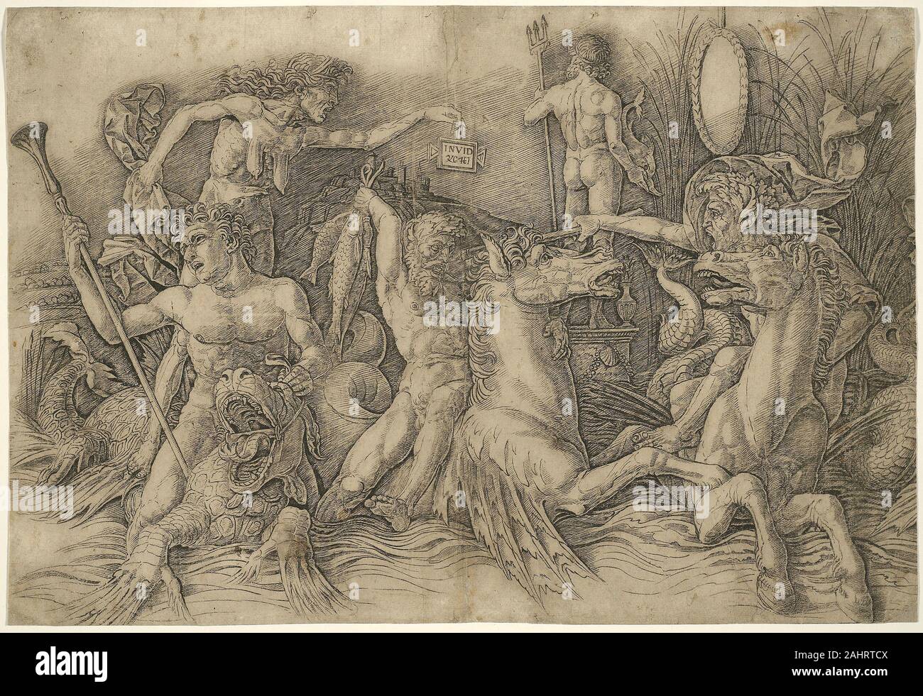 Andrea Mantegna. Schlacht von Sea-Gods, linke Hälfte von einem Fries. 1465 - 1505. Italien. Gravur in Schwarz auf Elfenbeinfarbenem, verfärbt, grau-braun Andrea Mantegnas Kampf der Götter der ersten Drucken können mit einer einheitlichen Komposition, die mehr als ein Blatt festgelegt sind. Im Gegensatz zu Andrea Andreani Triumph von Caesar (1926.452.2 - 9, angezeigt in der Nähe) und die Stiche nach den gleichen Mantegna Gemälde von seiner eigenen Werkstatt, dieser mythologischen Fries hat nur eine Naht und keine Verschleierung spalten. Albrecht Dürer zeichnete eine Kopie der rechten Hälfte der Frieze 1494, bereits zur Gründung der wegweisenden importanc Stockfoto
