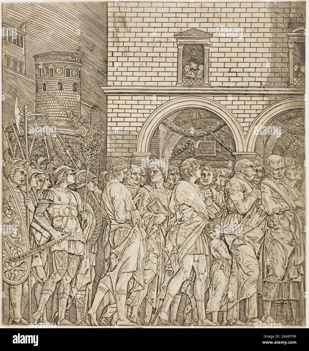 Schule von Andrea Mantegna. Die Senatoren, von Triumph von Caesar. 1490 - 1500. Italien. Gravur in Schwarz auf Creme Bütten Andrea Mantegna fachmännisch gemacht Skizzen, die er für die Reproduktion wie Stiche von seiner Werkstatt bestimmt gemacht. Diese Gravur der Senatoren ist in der Tat von einer Zeichnung abgeleitet, nicht der Artist Serie von abgeschlossenen Leinwände des selben Themas. Mantegna die klassischen Antiquariats Essenz des antiken Roms durch seine Darstellung des Architekturbüros der Epoche, wie die Aedicula framing das Fenster in der Mitte dieses Bild aufgenommen. Solche architektonischen Funktionen bieten Stockfoto