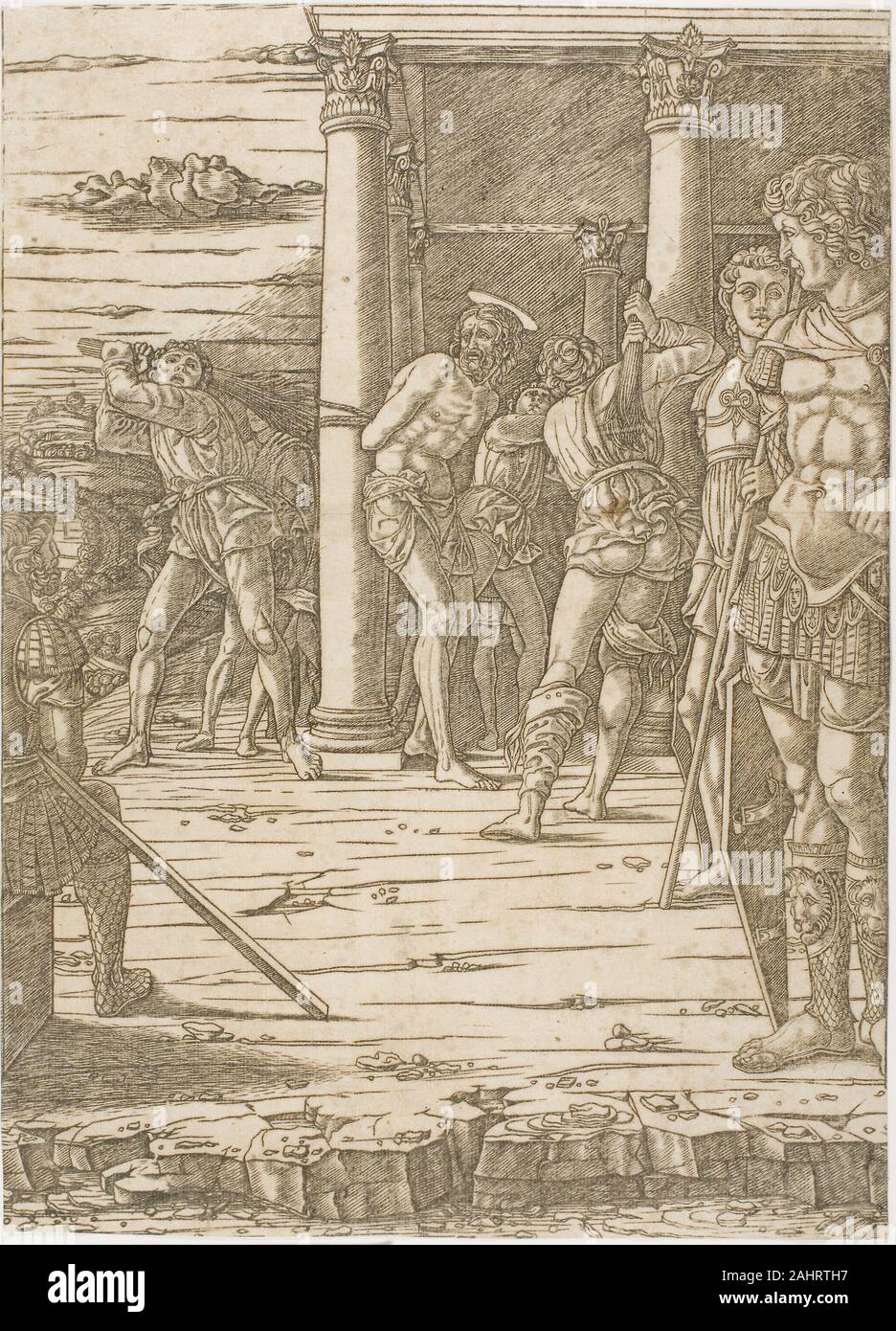 Schule von Andrea Mantegna. Die Geißelung Christi, mit der Landschaft Hintergrund. 1475 - 1480. Italien. Gravur auf Papier Stockfoto
