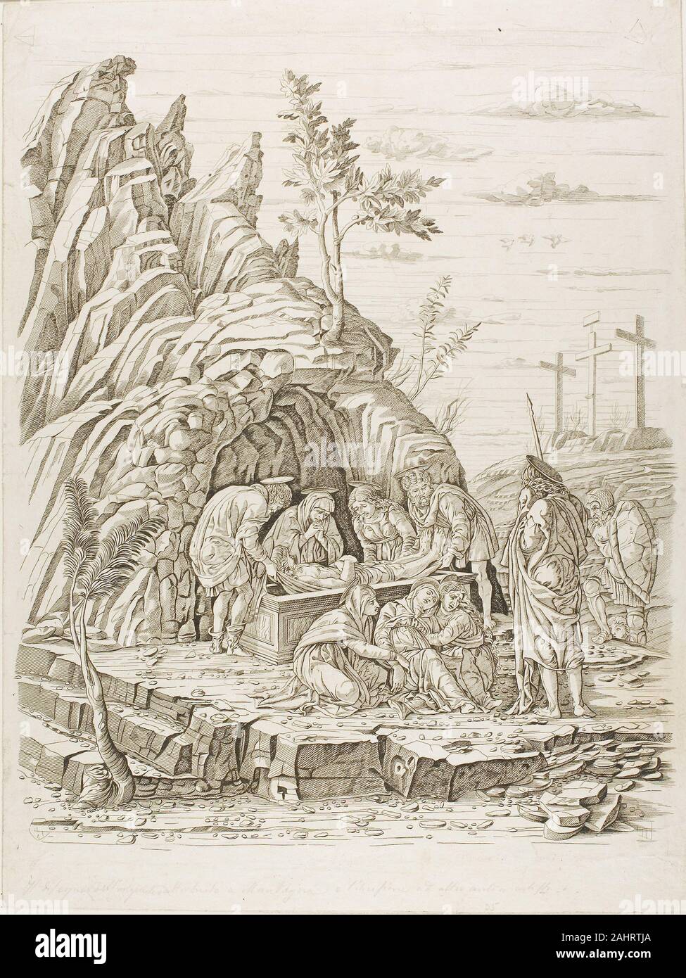 Schule von Andrea Mantegna. Die grablegung. 1485-1490. Italien. Gravur auf Papier Stockfoto