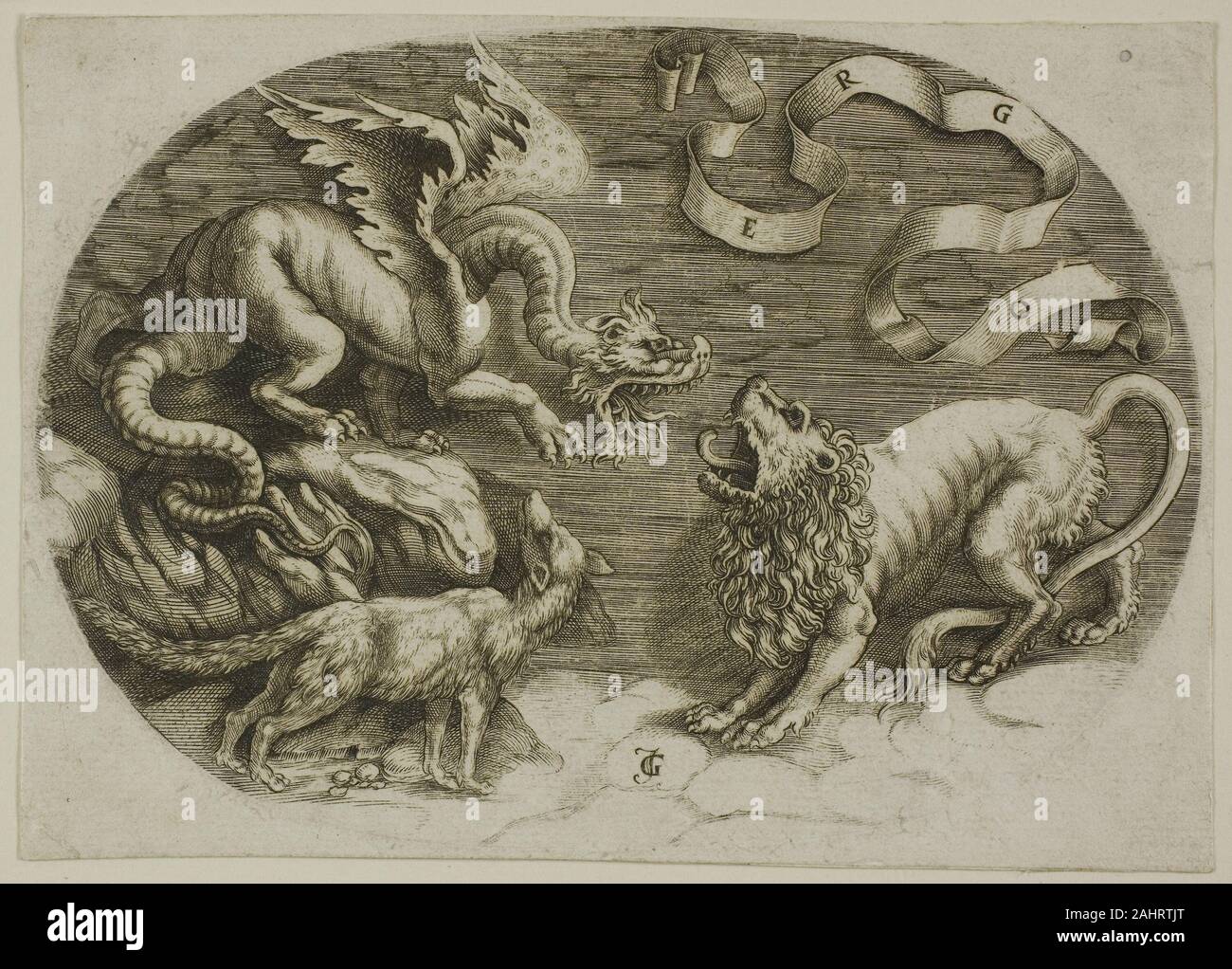 Jean de Gourmont. Löwe, Drache und Fuchs. 1520 - 1551. Frankreich. Gravur auf Elfenbein Bütten auf der Basis einer verlorenen Zeichnung von Leonardo da Vinci, dieser ovale Allegorie der mythischen Bestien gekämpft wurde in mehrere verschiedene Stiche von italienischen Künstler der Renaissance übersetzt sowie von Jean de Gourmont. Den Banner oben die drei Tiere liest "Ergo", wörtlich: "Daher", ein Ausdruck, dessen breitere Bedeutung innerhalb dieser Einstellung unbekannt ist. Kann der Druck mit einem bürgerlichen politischen Emblem der Löwe von Venedig Angriffen der Mailänder Drachen, mit einer unabhängigen Fox als Zuschauer. Stockfoto