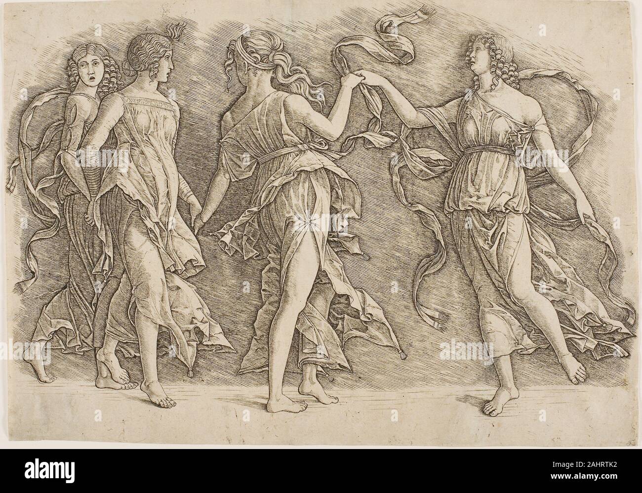 Schule von Andrea Mantegna. Vier Frauen tanzen. 1492 - 1502. Italien. Gravur auf Papier drucken wurde von einem unbekannten Graveur, die im Kreis um Andrea Mantegna gearbeitet und war verantwortlich für eine Gruppe von Gravuren auf Zeichnungen des Künstlers erstellt. Die Zusammensetzung ist von der vorbereitenden Mantegnas Zeichnung für die vier zentralen tanzenden Musen in ein Gemälde für das studiolo von Isabella d'Este, die junge Frau von Francesco Gonzaga von Mantua abgeleitet. Stockfoto