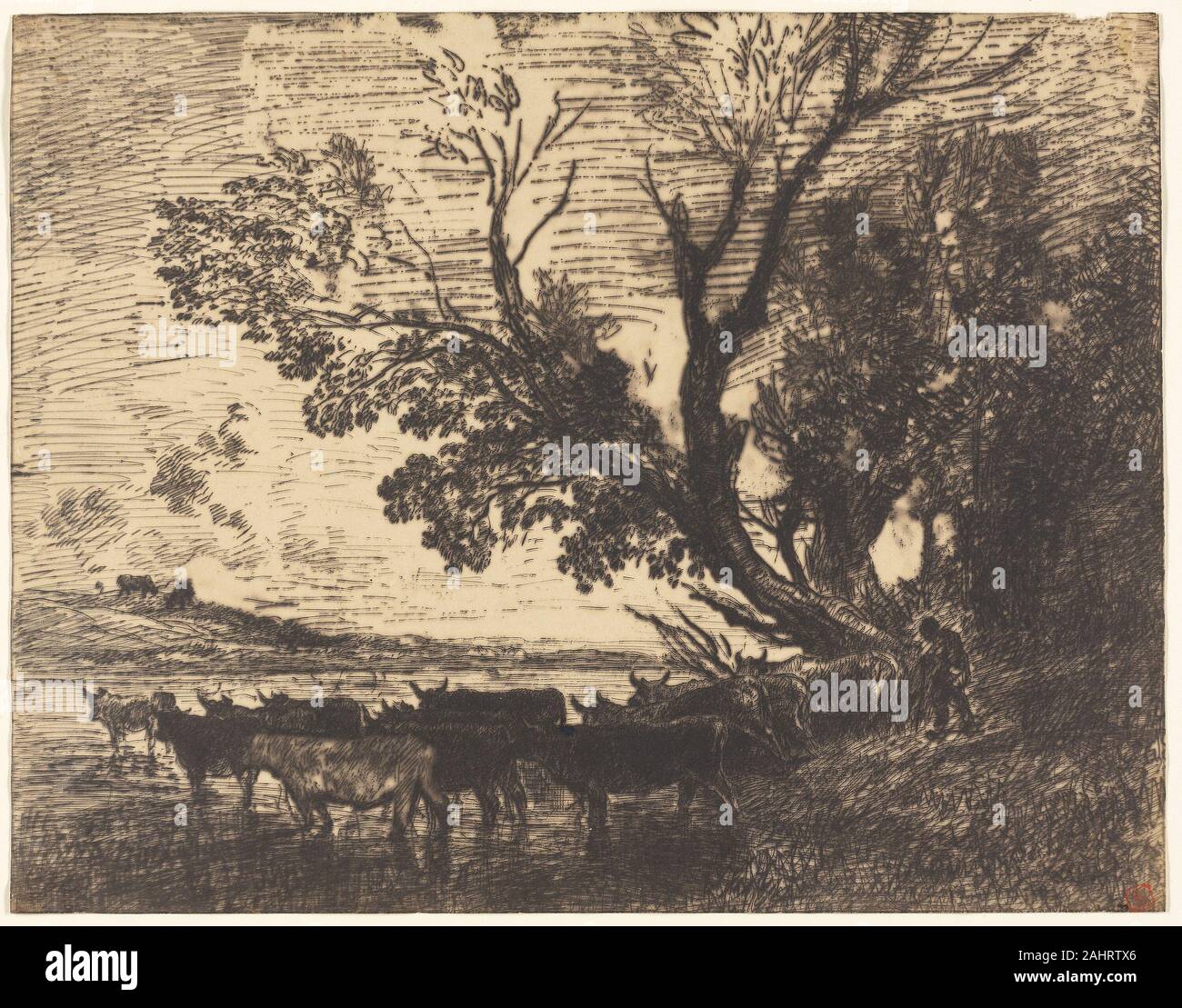 Charles François Daubigny. Der Ford. 1862. Frankreich. Cliché-verre auf Creme Fotopapier Stockfoto