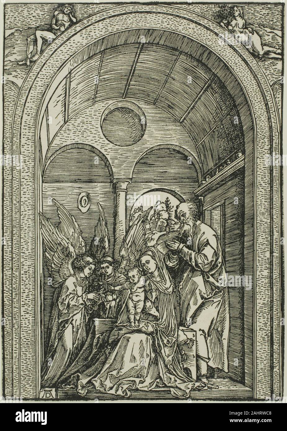 Albrecht Dürer. Die Heilige Familie mit zwei Engel in einem gewölbten Halle. 1503 - 1504. Deutschland. Holzschnitt in Schwarz auf Elfenbein Bütten Stockfoto