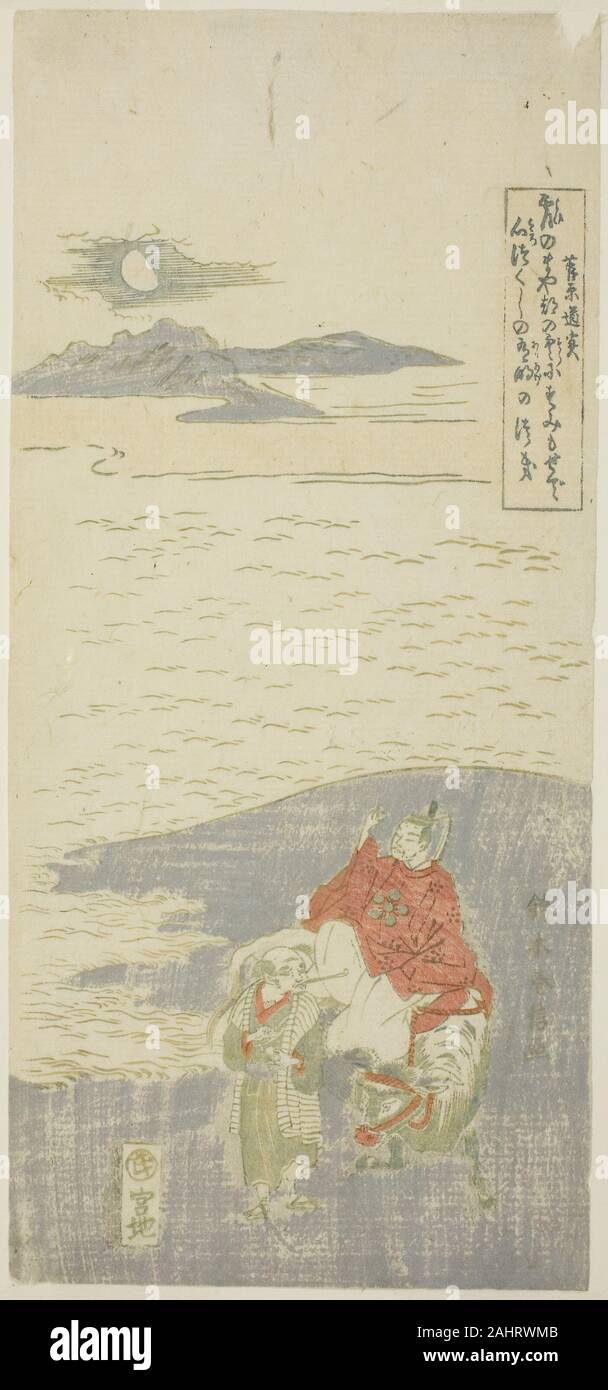 Suzuki Harunobu. Sugawara Michizane gehen ins Exil. 1758 - 1769. Japan. Farbe holzschnitt; hosoban, mizu-e durch die Bemühungen der Fujiwara Clan, Sugawara Michizane war in den Augen des Kaisers Daigo diskreditiert und bestellt einen Beitrag in remote Kyushu zu übernehmen. Hier ist er auf ein Ochse sitzt. Nach der langen kartusche auf der rechten Seite, Michizane Blicke über das Meer und abnehmendem Mond, was er nicht sehen, dass der Mond scheint auf die Hauptstadt. Er starb in abgelegenen Dazaifu in 903. Wegen seiner Reputation als Gelehrter und Dichter in Chinesisch und Japanisch, ein Shinto Festival bald Stockfoto