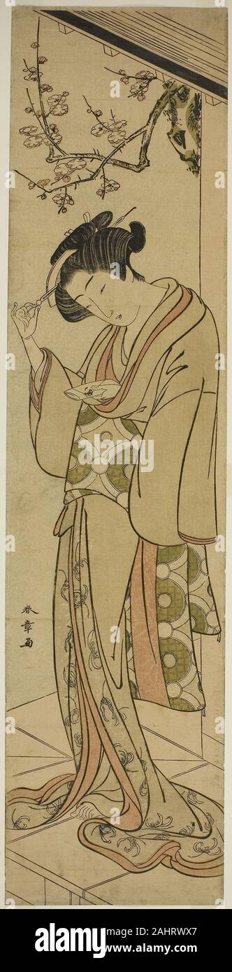 Shunsho Katsukawa. Frau auf einer Veranda, über eine Liebe - Brief zu öffnen. 1773 - 1779. Japan. Farbe holzschnitt; breite hashira-e Stockfoto