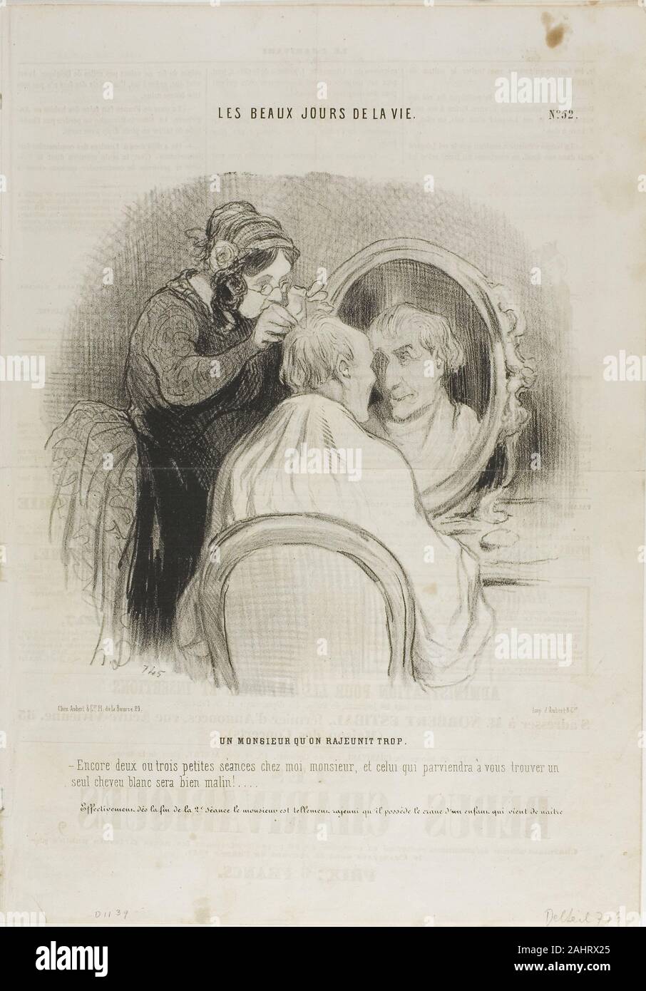 Honoré-Victorin Daumier. Eine übertriebene Verjüngung. "Nur zwei oder drei Sitzungen mit mir, Monsieur, und wer behauptet noch eine graue Haare auf Sie zu finden, ist eine böswillige Person." In der Tat, seit dem Ende des zweiten Sitzung, Monsieur's Kopf sieht so glänzend wie ein neugeborenes Baby, Platte 52 von Les Beaux Jours de La Vie. 1845. Frankreich. Lithographie in Schwarz, mit Schaben auf Stein auf Creme webte Papier (Blatt gefaltet vier Seiten), mit Text in der anderen Hand und Buchdruck und recto verso hinzugefügt (wenn entfaltet) Stockfoto
