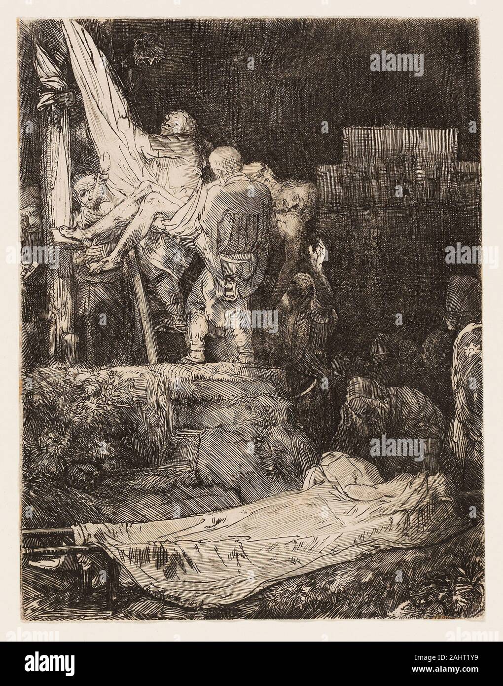Rembrandt van Rijn. Die Kreuzabnahme im Fackelschein. 1654. Holland. Ätzen und Kaltnadelradierung auf Off-white Bütten Stockfoto