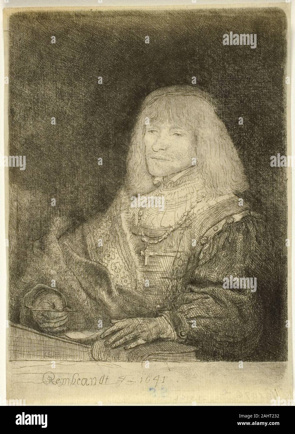 Rembrandt van Rijn. Mann an einem Schreibtisch trägt ein Kreuz und Kette. 1641. Holland. Radierung auf Bütten Stockfoto