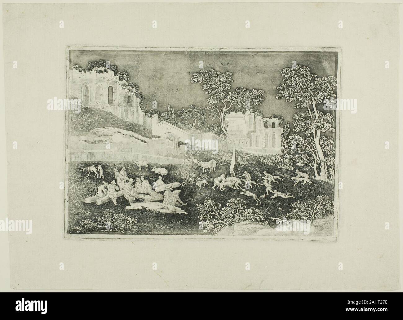 Gerhard Janssen. Wildschwein Jagd. 1717. Niederlande. Radierung und Aquatinta auf Elfenbein Bütten Glasmalerei Maler aus Utrecht, Gerhard Janssen war auch ein experimentelles Kupferstecher, obwohl er produziert weniger als ein Dutzend Landschaften insgesamt. Alle waren tief auf Eisen Platten geätzt und eine idiosynkratische solarizing Wirkung durch Umkehrung des Künstlers der übliche Beziehung von Licht und Dunkel erstellt. Er stoppte die Bereiche, die waren weiß vor dem Eintauchen des Platten in der Säure zu bleiben, mit dem Ergebnis, dass seine Figuren leuchten, fast, als ob auch sie waren Teil eines Fensters. Das Datum und die Janssens si Stockfoto