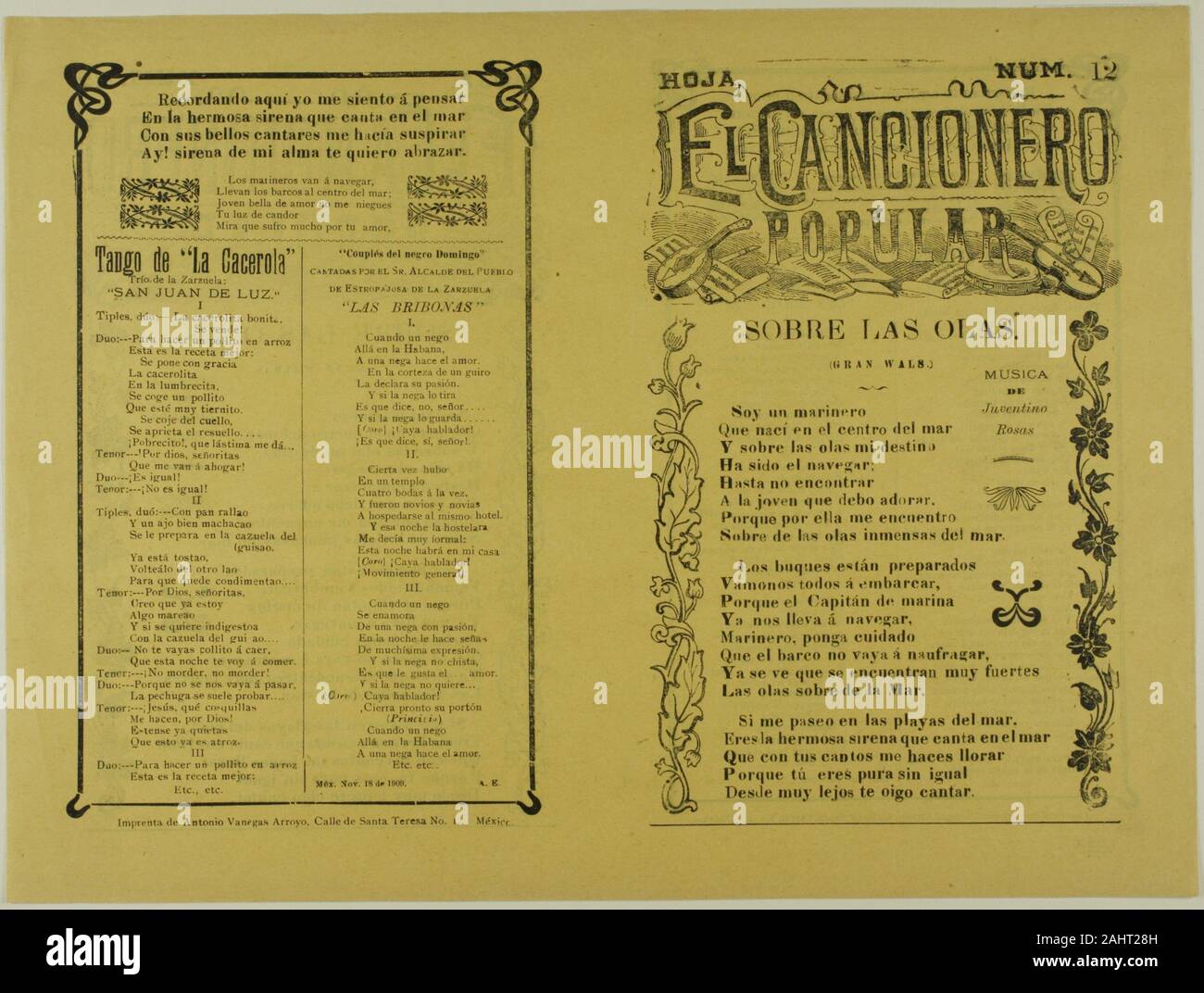 Unbekannter Künstler. El cancionero Popular, Amanda num. 12 (der populären Songbook, Blatt Nr. 12). 1800 - 1899. México. Reliefdruck auf Papier Stockfoto