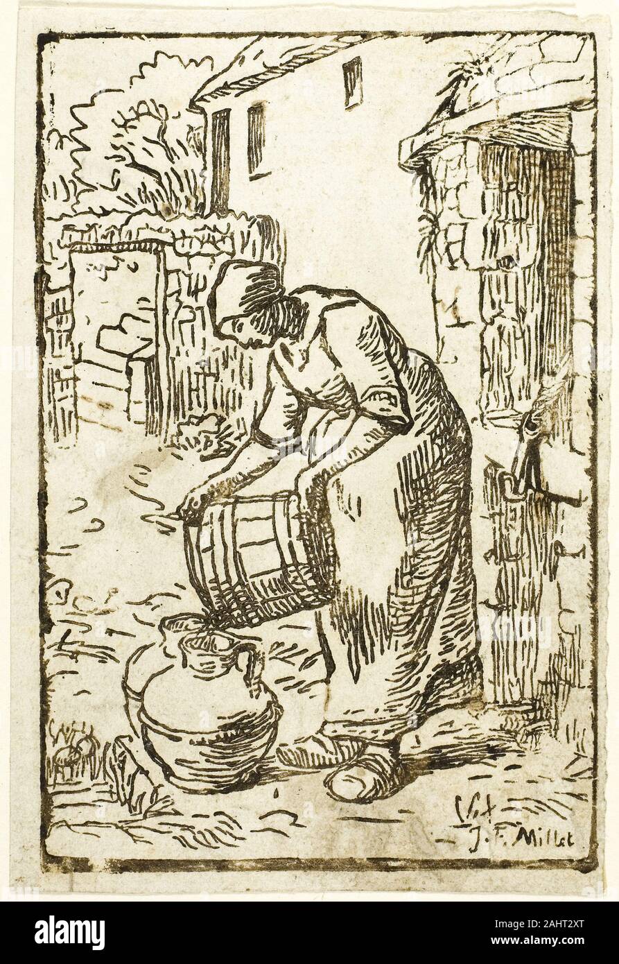 Pierre Hirse. Frau Füllung Water-Cans. 1854. Frankreich. Holzschnitt in Dunkelbraun auf Elfenbein legte China Papier, mit der Gravur einer Landschaft, verso Stockfoto