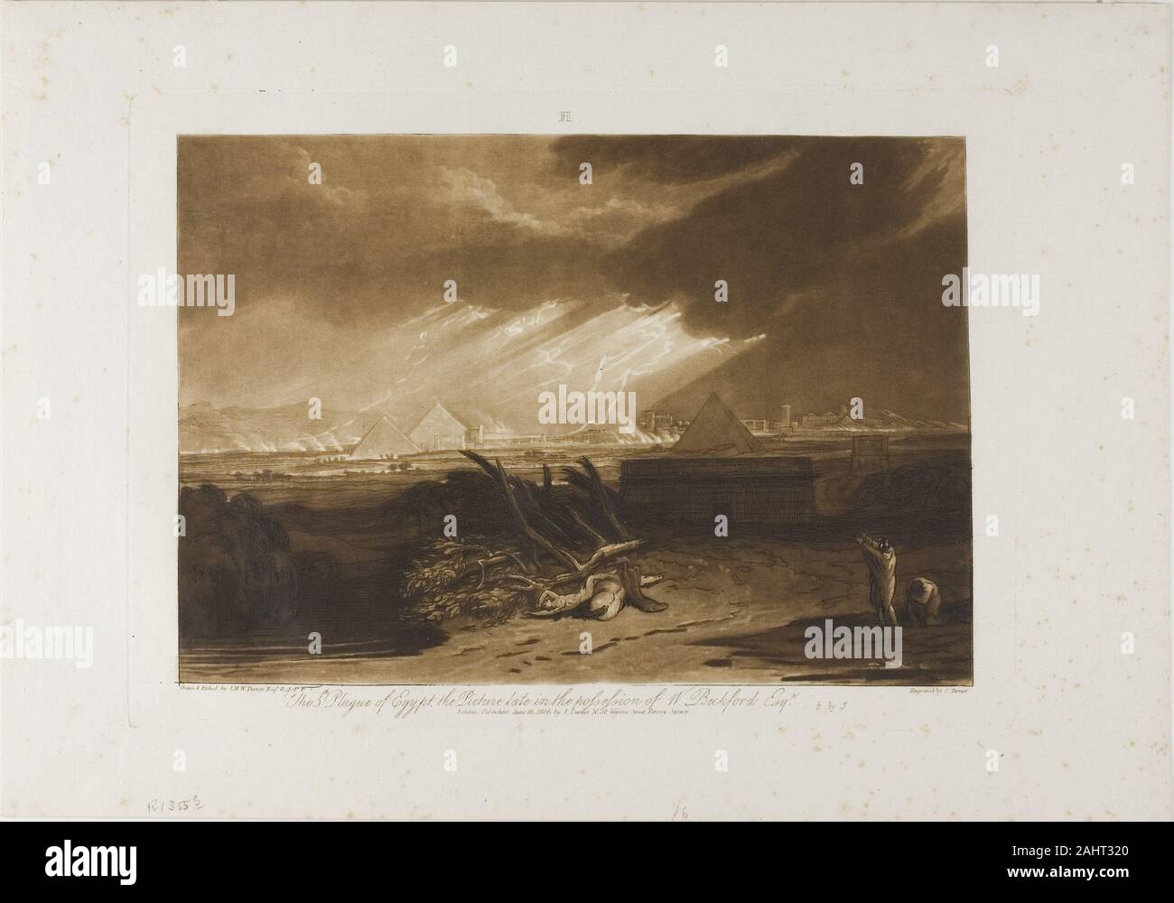 Joseph Mallord William Turner. Die fünfte Plage in Ägypten, Platte 16 von LIber Studiorum". 1808. England. Ätzen und Gravieren in Braun auf Elfenbein Bütten Stockfoto