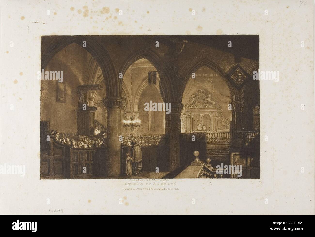 Joseph Mallord William Turner. Innenraum einer Kirche, Platte 70 von Liber Studiorum". 1816. England. Intaglio auf Elfenbein webte Papier gemischt Stockfoto