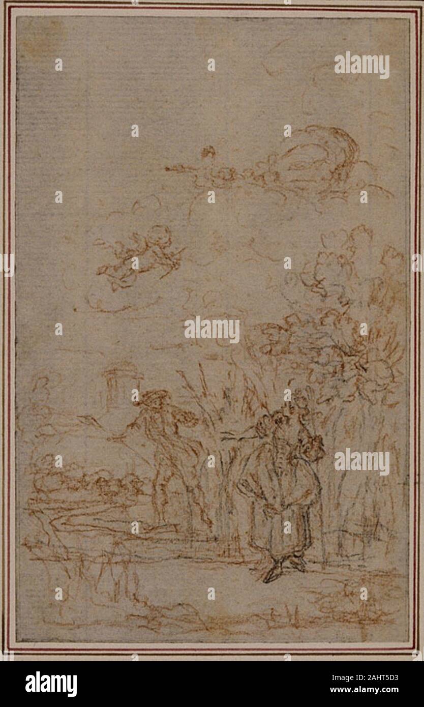 Hubert François Gravelot. Studie für die Vignette in Fontenelle (Attr.) Les Amours de Mirtil, Canto V. 1751 - 1773. Frankreich. Rote und schwarze Kreide, auf grauem Papier, legte auf Elfenbein Bütten Stockfoto