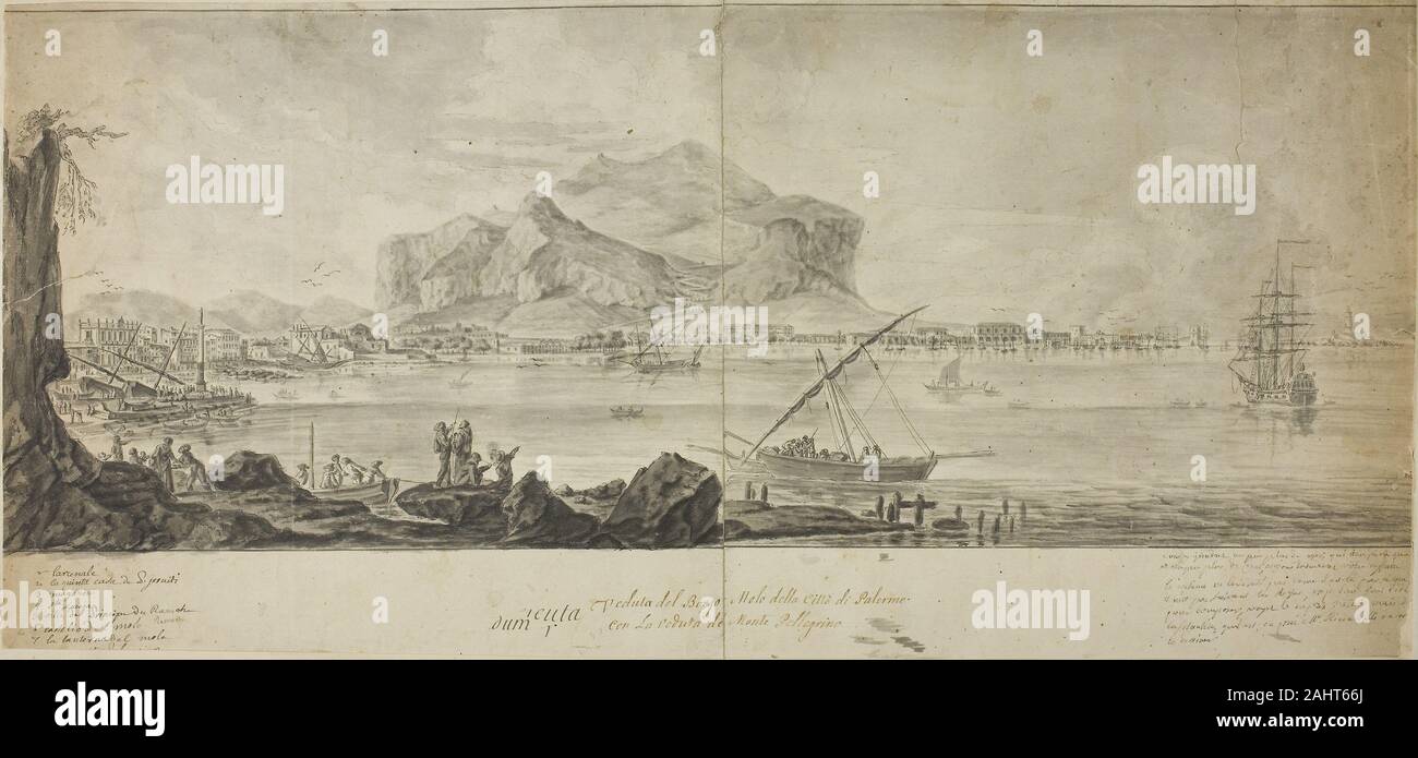 Adrien Manglard. Blick auf die Stadt und den Hafen von Palermo mit Blick auf den Monte Pellegrino. 1715 - 1760. Frankreich. Feder und Tinte schwarz mit Pinsel in Grau waschen, auf Elfenbein Bütten, auf Tan webte Papier gekippt Stockfoto