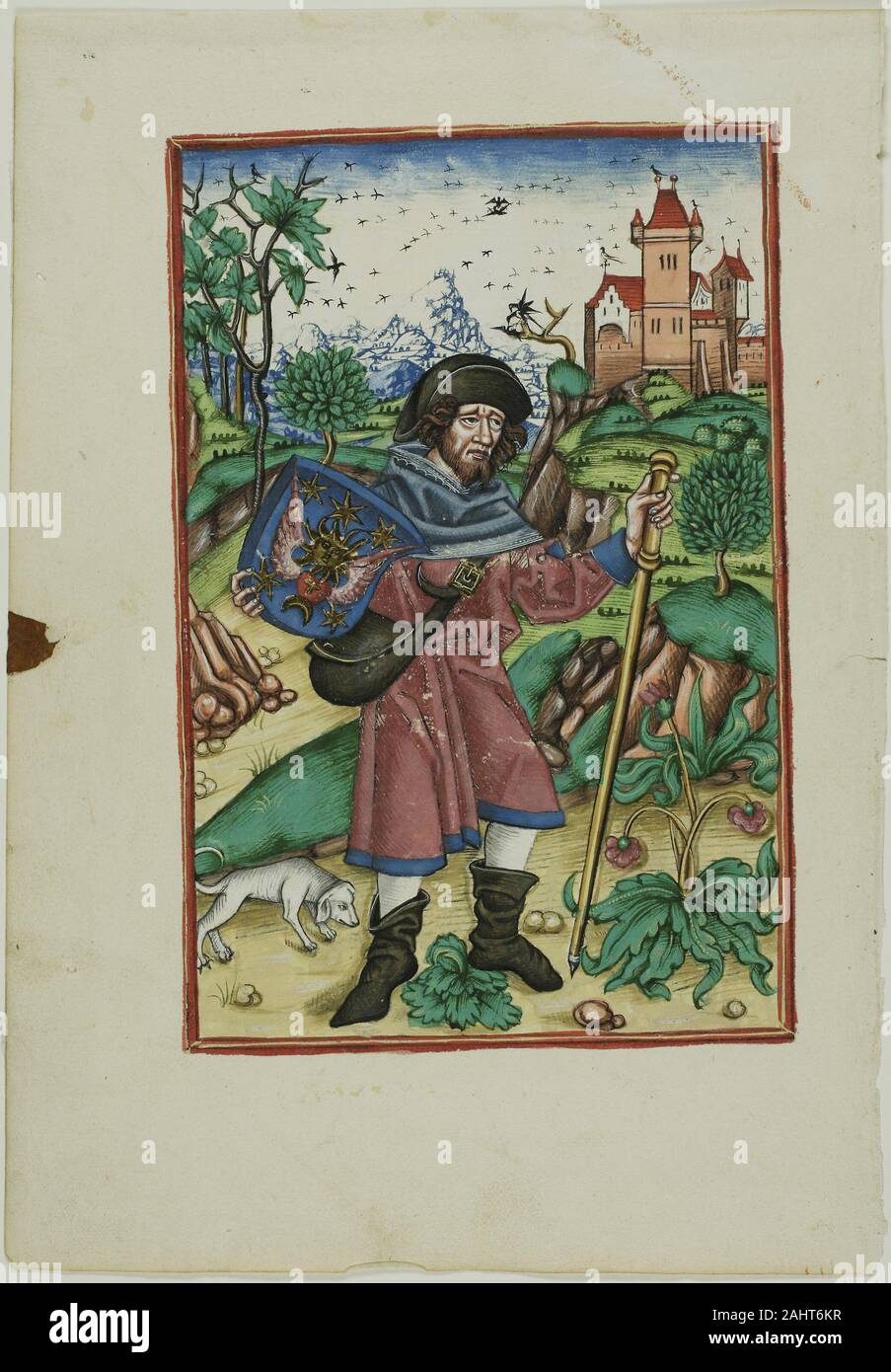 Johann Prüss (Drucker). Johannes Gerson als Pilger, frontispiz von Oper Johannes Gerson. 1488. Deutschland. Hand - farbige Holzschnitt in Schwarz auf Creme Bütten Woodblocks waren außergewöhnlich langlebig drucken Matrizen; mehrere tausend Eindrücke könnte aus ihnen gezogen werden. Wie die Erhard Reeuwich Panorama von Jerusalem zu sehen in der Nähe (1947.474), dieses Buch Abbildung wurde vielfach neu aufgelegt und kopiert werden. Es zeigt den späten mittelalterlichen französischen Theologen Jean de (Johannes) Gerson (1363 - 1429) auf eine imaginäre Wallfahrt mit einem Hund und einem Walking Personal. Gerson hat über die Rolle der Pilger in h schreiben Stockfoto