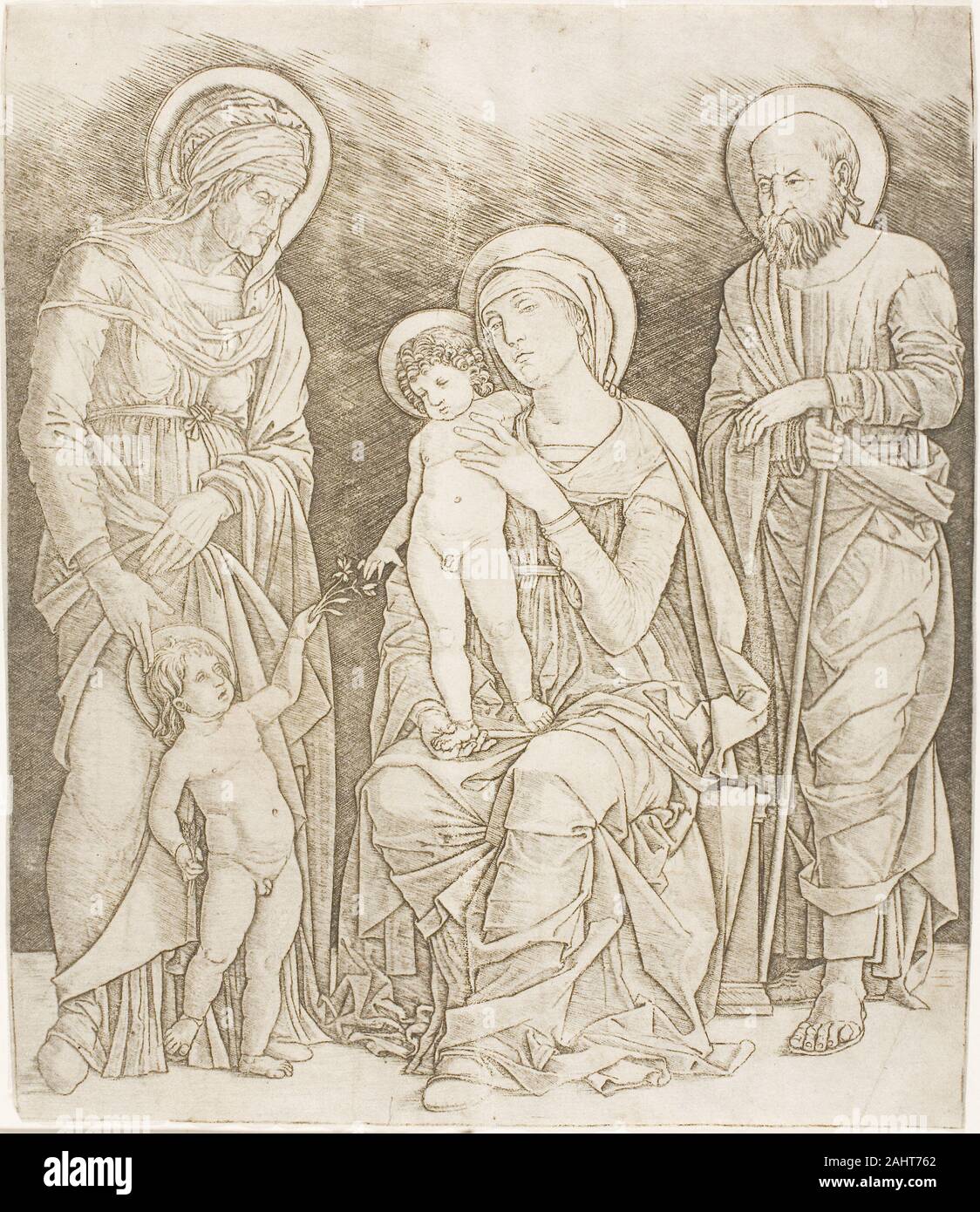 Giovanni Antonio da Brescia. Die Heilige Familie mit dem Säugling Saint John. 1500 - 1510. Italien. Gravur in Schwarz auf festem Bütten Giovanni Antonio da Brescia wahrscheinlich, eine Zeichnung oder ein Gemälde von seinem Lehrer Andrea Mantegna dieser reduzierten Szene der Heiligen Familie, mit seiner starken Anschläge, Relief - wie Schatten und gestochen scharfen Details zu produzieren. Während das Neue Testament der Bibel nicht das Treffen zwischen dem Kind, Christus und seine jungen Cousine John, die Szene war ein sehr beliebter Anfang im vierten Jahrhundert. In einigen Traditionen, die Cousins besuchte Maria, Josef und Jesus in Betlehem jus Stockfoto
