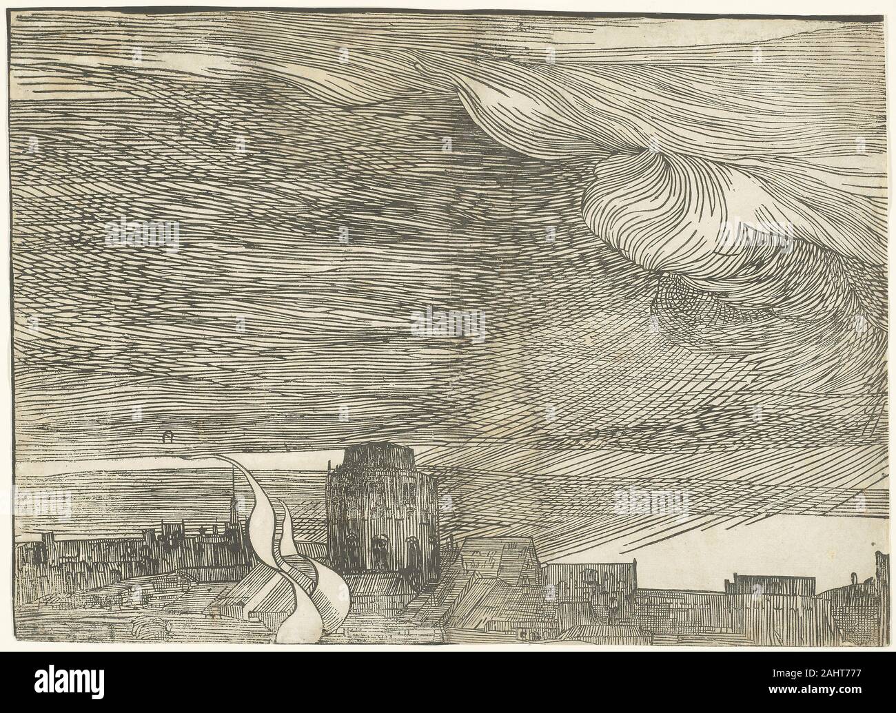 Tizian. Die Unterwassersetzung von Heer des Pharao im Roten Meer. 1510 - 1520. Italien. Holzschnitt in Schwarz auf Elfenbein Bütten der großen Skala von Tizian die Zwölf - Blatt Holzschnitt (siehe 1957.12.1-12) ahmt die Geschichte Bilder und große Wandbehänge. Die zusammengebaute Zusammensetzung würde nur auf eine massive Wand passen, eine Nutzung durch das völlige Fehlen von Frühe Eindrücke bestätigt. Nur diese 1549 Staat bekannt ist, vom Holzschnitt, verziert mit Wurmlöchern, die in der Bild als kleine weiße Punkte angezeigt gedruckt. Die Inschrift an der unteren Mitte der Untertauchen beschreibt die Verfolgung der Israeliten unter dem ägyptischen Pharao und seine Armee Stockfoto