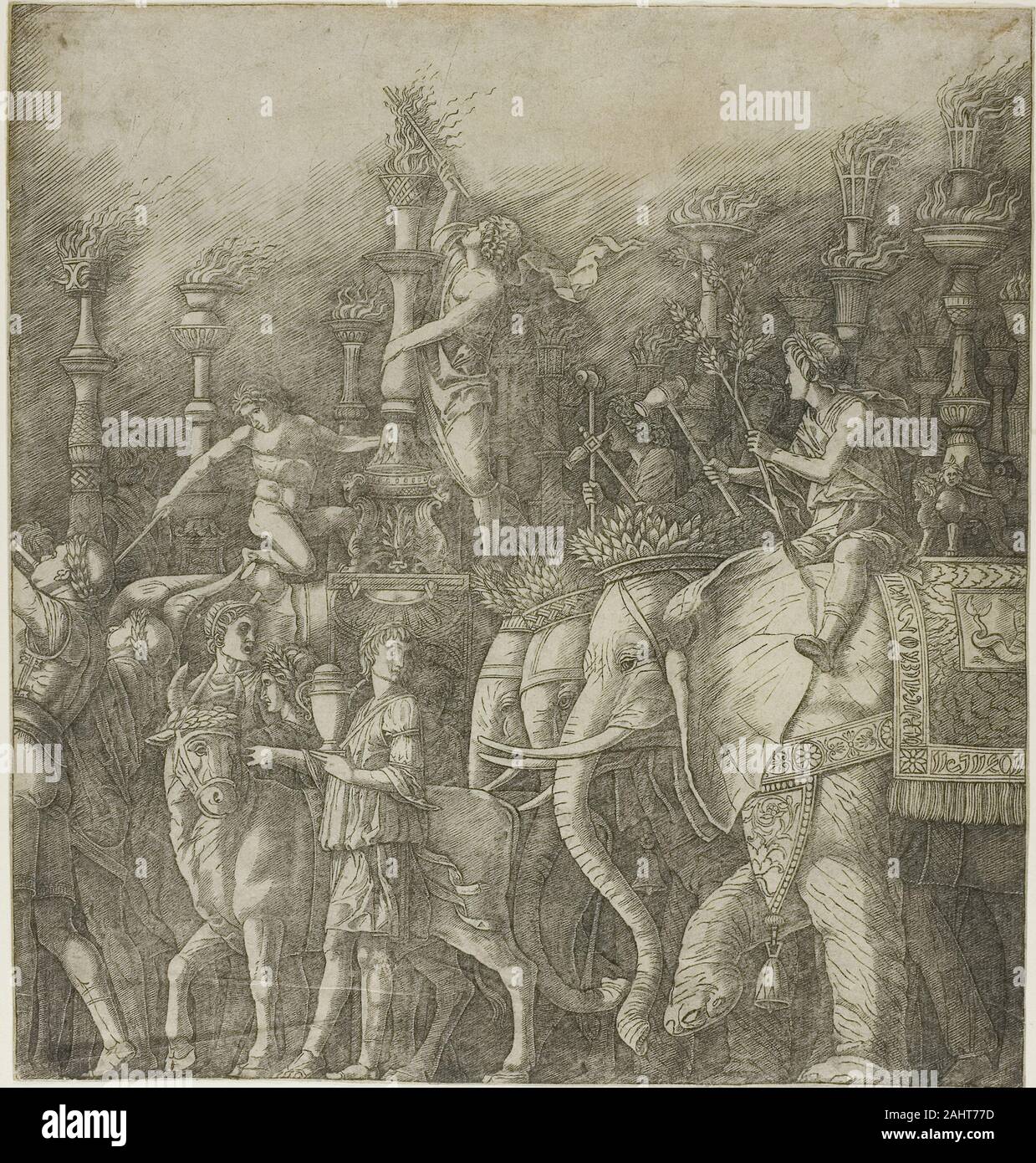 Schule von Andrea Mantegna. Der Triumph des Julius Caesar. 1493 - 1503. Italien. Gravur auf dem Papier Diese Gravur schildert Julius Cäsar in Rom nach der Eroberung Galliens in 46 B.C., der größten militärischen Sieg seiner Karriere. Dante war nicht Angst davor, seine politischen Ansichten im Inferno bekannt; die drei schlimmsten Verräter in der Geschichte - Julius Caesar's Assassins, Brutus, Cassius, und Judas Iskariot - Dangle aus dem Mund von Luzifer im letzten Kreis der Hölle. Nach seiner Ermordung, Caesar selbst melden sie Orpheus in Dantes Limbo. Stockfoto