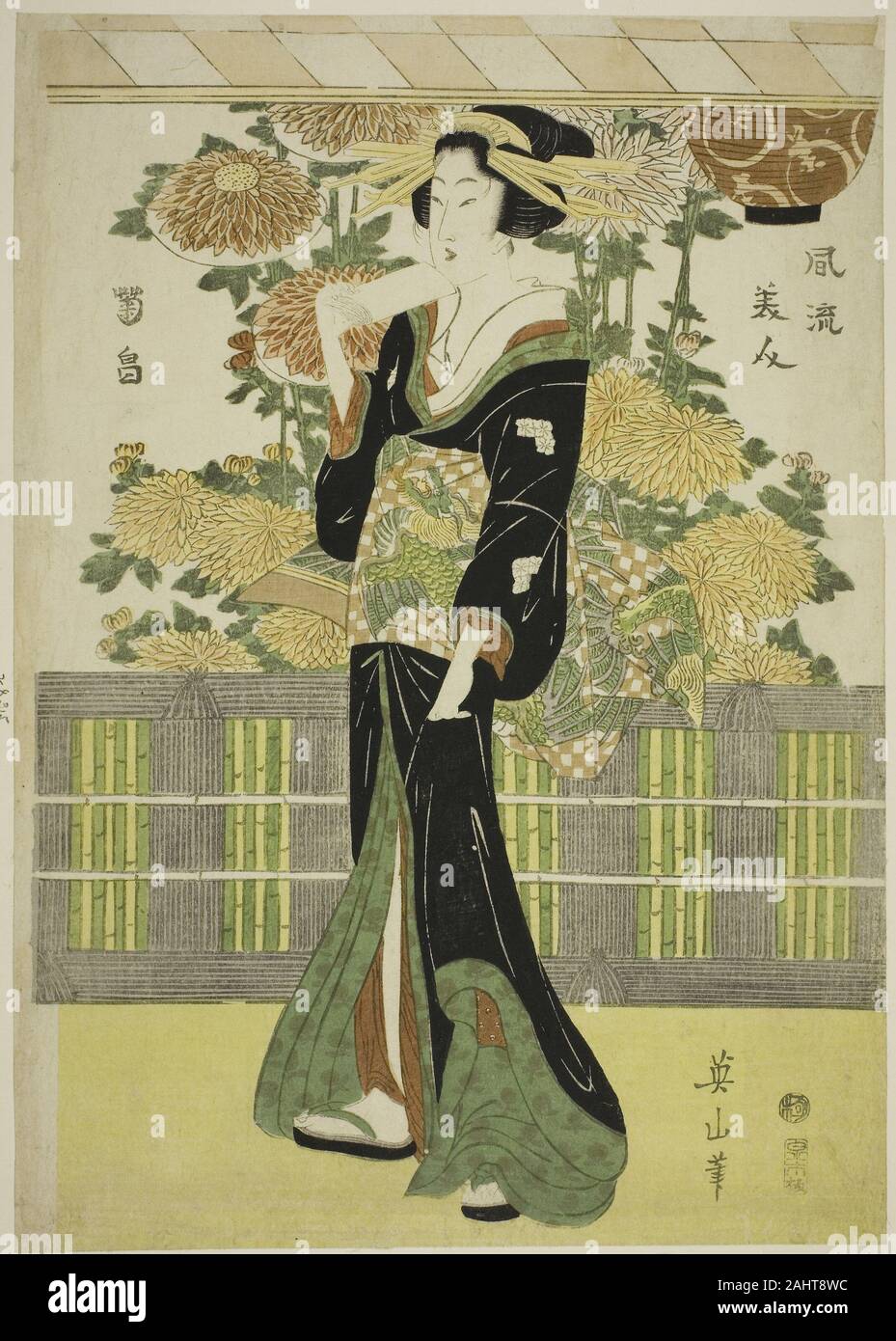 Kikukawa Eizan. Modischen Schönheiten in einem chrysantheme Garten (furyu Bijin kikubatake). 1805 - 1815. Japan. Farbe holzschnitt; rechts Blatt oban Triptychon Stockfoto