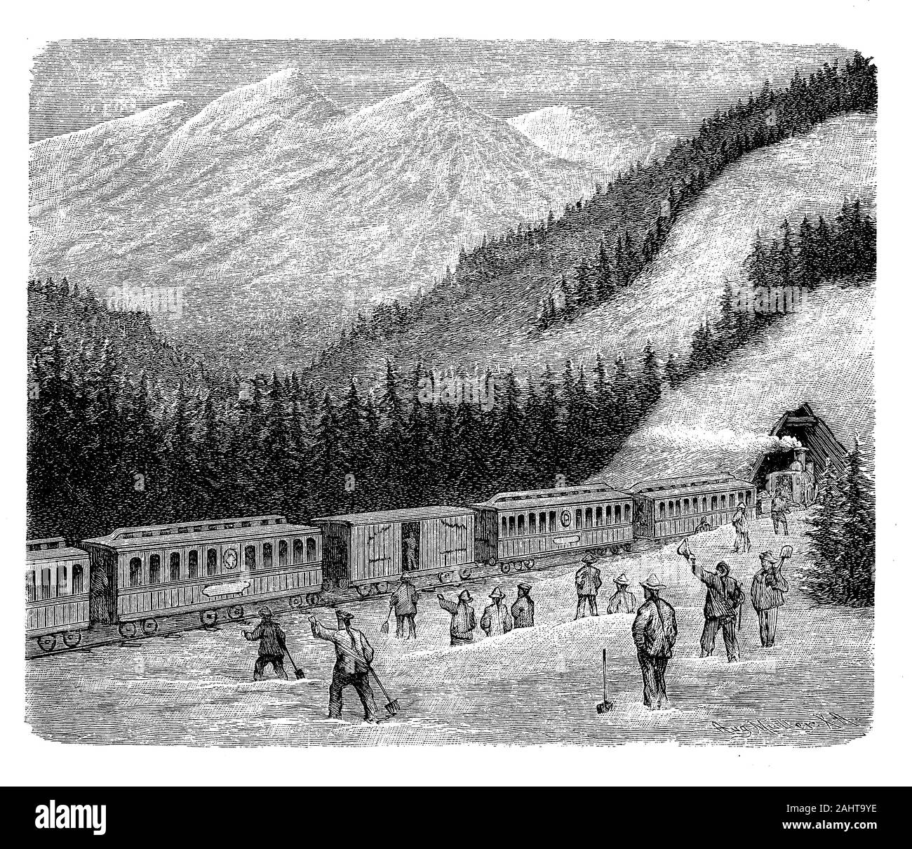 Bau der Central Pacific Railroad in der Sierra Nevada von Chinesischen einwandern Arbeitnehmer abgeschlossen, um 1870 Stockfoto