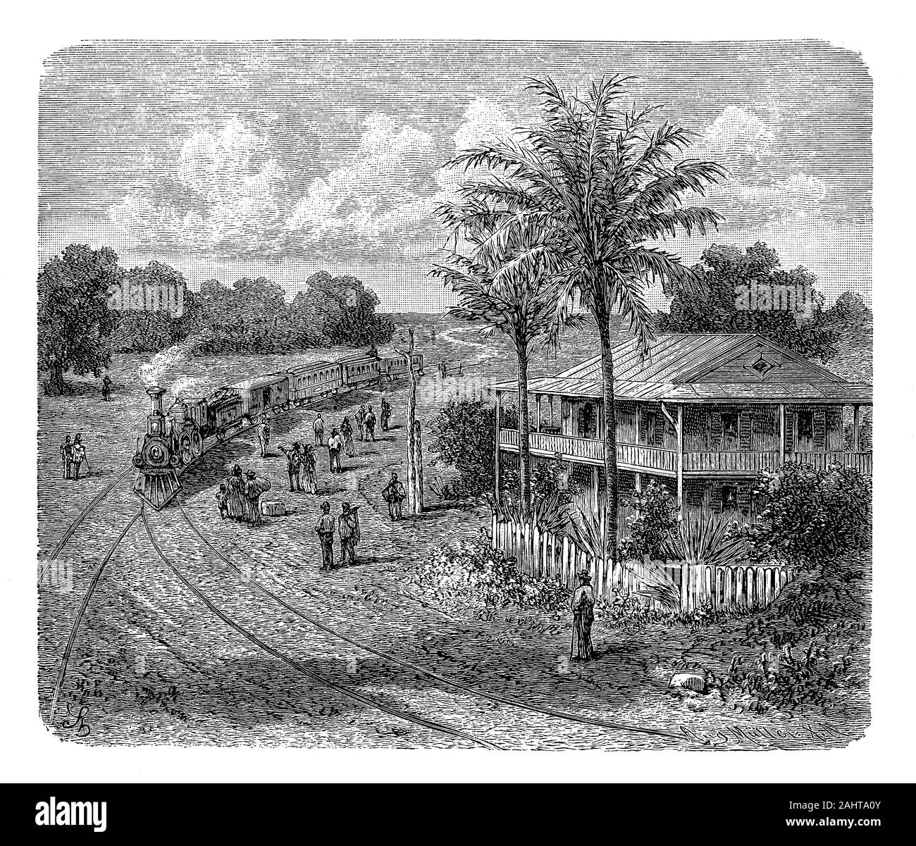 Dampflok Zug kommt an San Pablo Station an der Panama railway parallel zu den Panama Kanal läuft, verbindet den Atlantik mit dem Pazifik, 19. Jahrhundert Stockfoto
