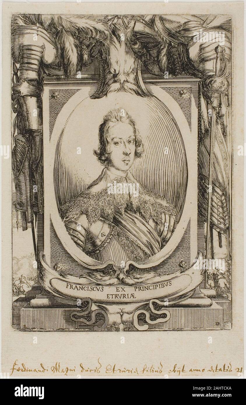 Stefano Della Bella. Francesco de Medici, Prinz der Toskana. 1634. Italien. Ätzen und Gravur auf Creme Bütten Diese posthume Portrait von Francesco de Medici wurde für seine Beerdigung Buch gemacht. Der junge Prinz, der das Studium für eine Karriere war im Militär, Kultur, ein Opfer der bei der Belagerung von Regensburg im Jahre 1634, Pest, als er nur 20 Jahre alt war. In diesem Porträt, Stefano Della Bella Francesco als ein Mann des Militärs - gekleidet in und durch Rüstung und ein Schwert eingerahmt mit einer Schlacht, die in der Entfernung dargestellt. Die feine Linie arbeiten in diesem Print ist ein Zeugnis der Fähigkeit des Künstlers als Stockfoto