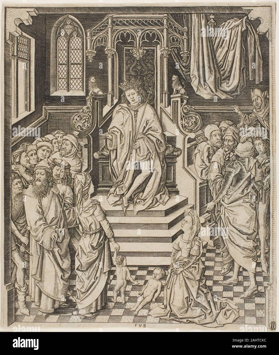 Das Urteil Salomos. 1470 - 1500. Niederlande. Gravur auf Papier wie Israhel van Meckenem's Christ unter den Ärzten (1956.823) Diese Gravur von einem Unbekannten niederländischen Künstler verfügt über eine dramatische Pflaster, dass Offsets ein opulentes Thron den Betrachter in eine intellektuelle Demonstration zu zeichnen. Dieses Blatt zeigt eine Geschichte aus dem Leben des Königs Salomo, der für seine Weisheit bekannt war. Ein Tag, den er bei zwei Kindern, von denen vor kurzem gestorben war, und zwei Frauen, die Anspruch auf die Mutter der Überlebenden beurteilt. Er bedroht das Kind Kluft zwischen ihnen zu (mit dem Schwert durch ein se Stockfoto