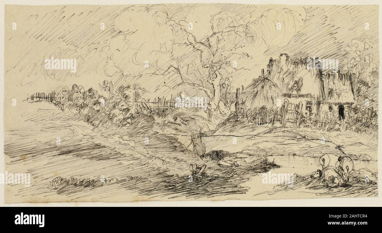 Rodolphe Bresdin. Land Landschaft. 1845 - 1885. Frankreich. Feder und Tinte schwarz, creme Pauspapier, festgelegt auf Elfenbein webte Papier Stockfoto