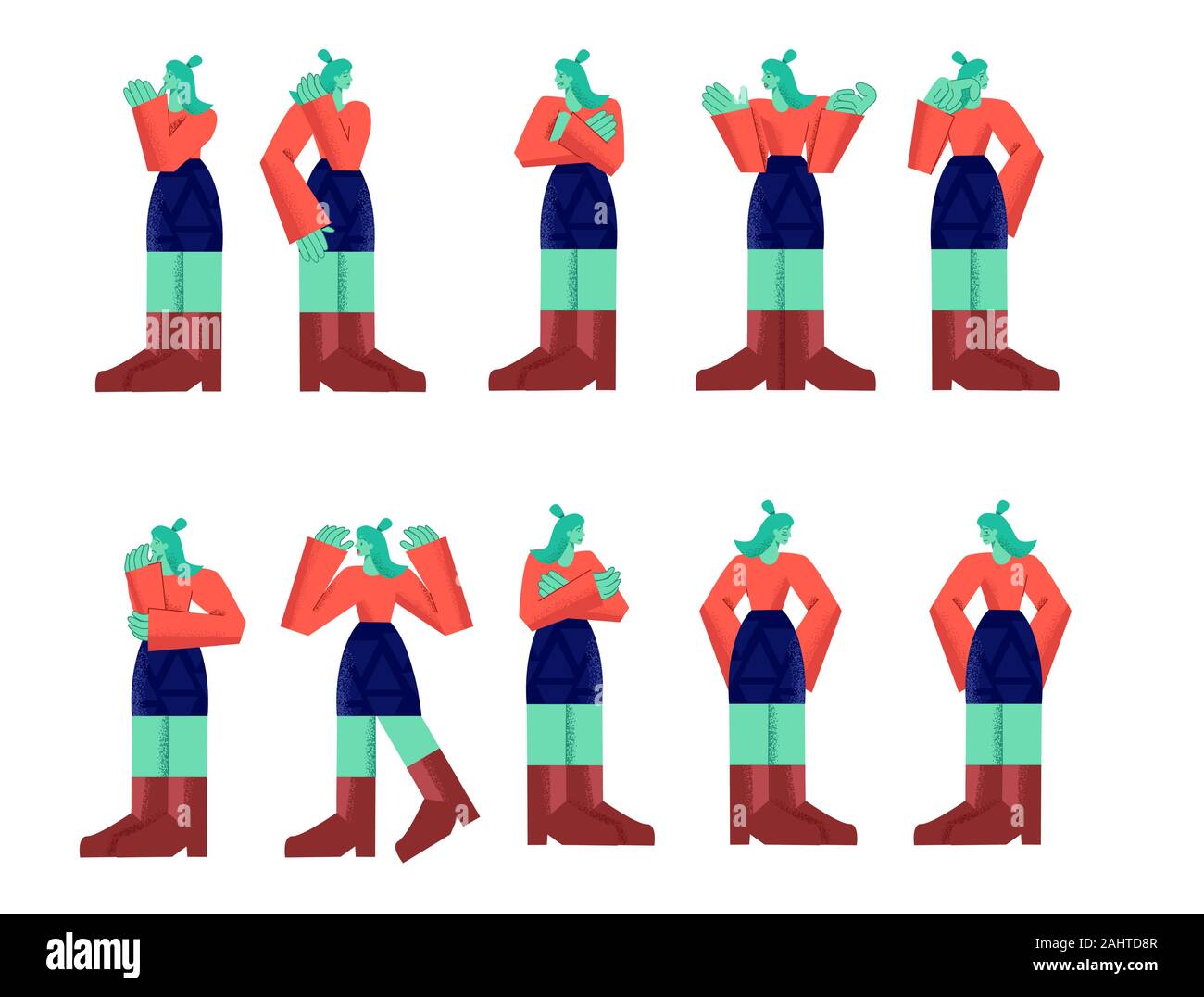 Weibliche Figur, Person, Emotion und stellt grosse Gliedmaßen Stil auf weißem Hintergrund Stock Vektor