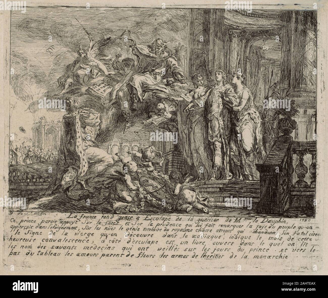 Gabriel Jacques de Saint-Aubin. Allegorie auf die Genesung der Dauphin. 1752. Frankreich. Radierung auf Elfenbein Bütten Stockfoto