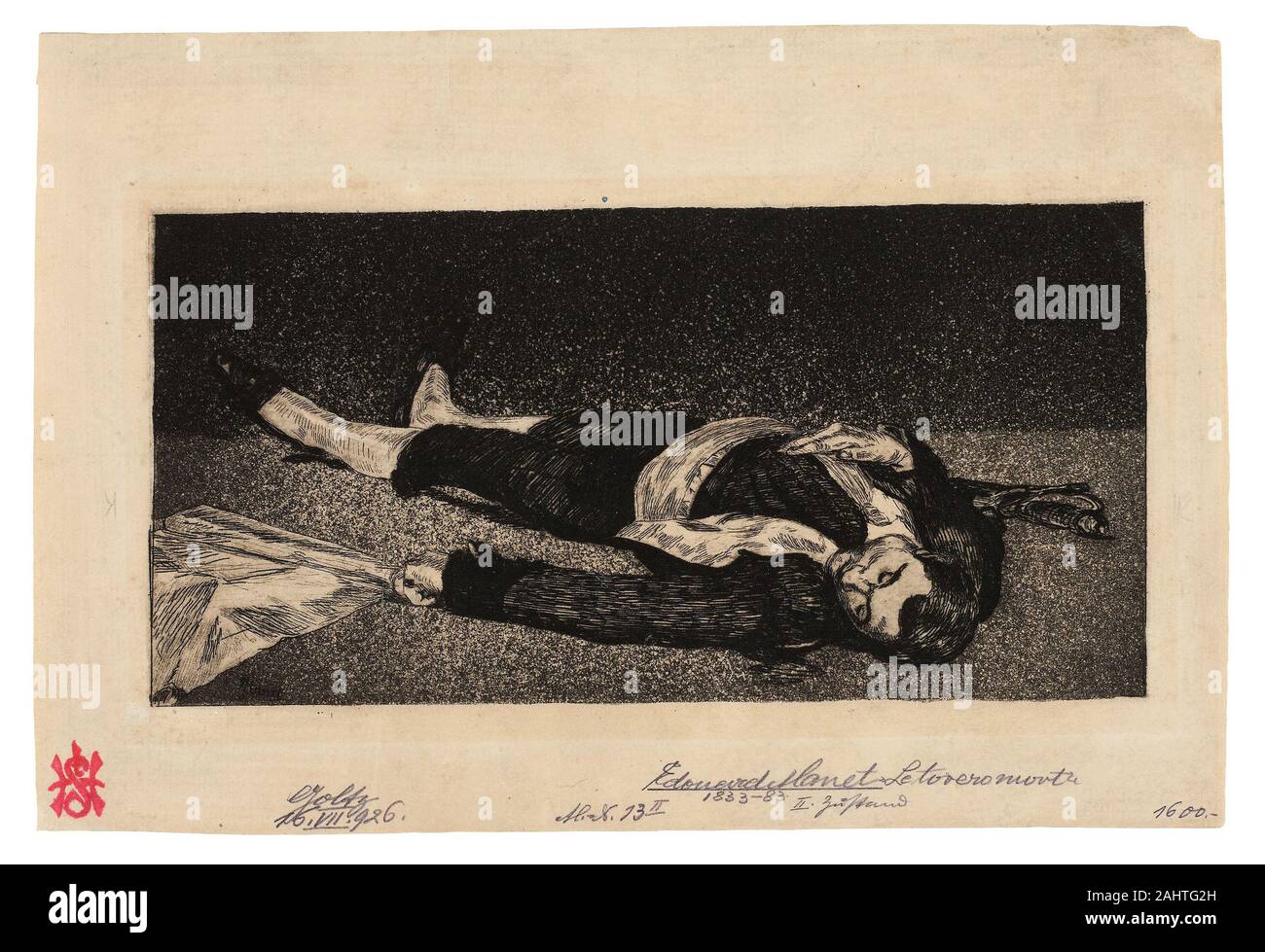 Édouard Manet. Tote Torero. 1867 - 1868. Frankreich. Radierung, Aquatinta und Kaltnadel in Schwarz auf festem Bütten auf der Salon 1864 Manets Malerei Episode aus einem Stierkampf, die er später in zwei Fragmente, die sowohl als einzelne Kompositionen überarbeitet unterteilt. Eines der Fragmente, die Toten Toreador (jetzt in der National Gallery, Washington, D.C.), wurde zum ersten Mal 1867 ausgestellt, und die Gravur hier stammt aus dieser Zeit oder kurz danach. Die radierung selbst wurde im Salon von 1869 mit exotischen Blumen, die stilistisch ähnlich ist und auch von einem spanischen Thema ausgestellt. Stockfoto