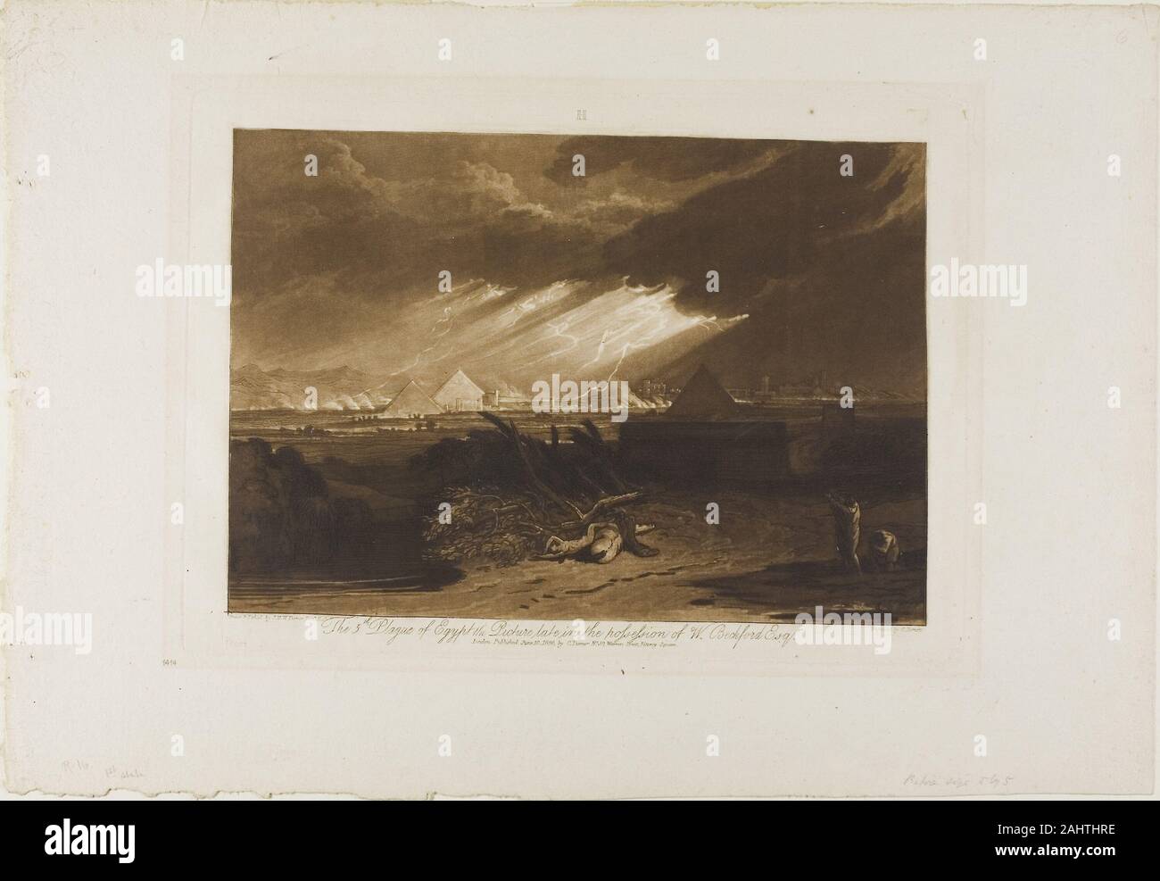 Joseph Mallord William Turner. Die fünfte Plage in Ägypten, Platte 16 von Liber Studiorum". 1808. England. Schabkunst und Ätzen in Braun auf Elfenbein webte Papier J. M. W. Turner Gemälde verkörpert das Erhabene, das Gefühl der Ehrfurcht gebietenden Schönheit über einfache Schönheit. Seine eindrucksvollen Ätzen und schabkunst Serie drucken, das Liber Studiorum (1807- 19), war ebenso einflussreich. Gedruckt in Sepia Linien und tonale Bereiche, die Alten Meister, Tusche und Modellierung, Turner's Serie von 71 Drucke ist eine Ode an die Landschaft. Die Buchstaben über jeder Arbeit bestimmen Sie den Typ des Antragstellers, einschließlich Architektur Stockfoto