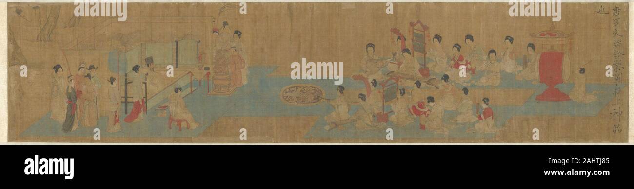 Zhou Wenju. Von der Musik vereint. 1401 - 1425. China. Handscroll, Tusche und Farben auf Seide dieses Frauen-Ensemble ist eine kaiserliche oder aristokratischen Orchester. Einzeln oder in Paaren, die Musiker spielen die Große Trommel, Klöppel, Oboe, vertikale Flöte, Querflöte, Sanduhr drum, Mundharmonika, Gong, Gong, Zither, Harfe und Laute. Diese Instrumente genau diejenigen, durch die Mitte gespielt - Tang Dynastie (8. Jahrhundert), wie sie heute von überlebenden Artefakte und strukturelle Beschreibungen der Kaiserlichen Konservatorium für Musik bekannt. Die Zielgruppe für dieses Konzert auffallend ähnelt Gericht zahlen depic Stockfoto