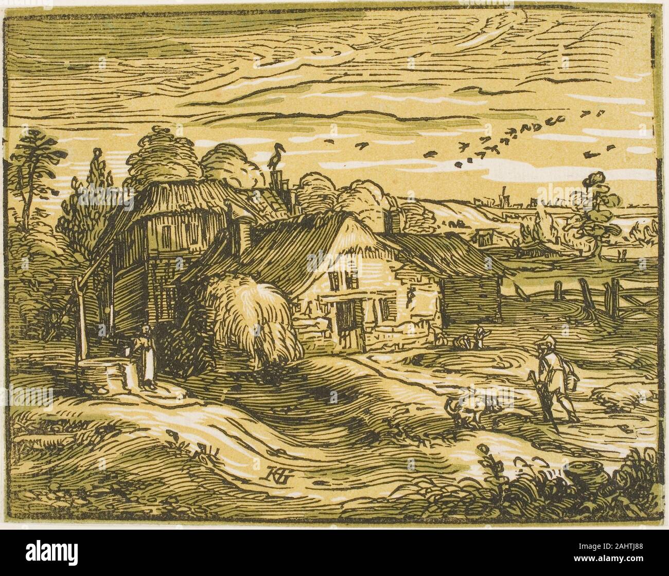 Hendrick Goltzius. Landschaft mit einem Bauernhaus, aus vier kleinen Landschaften. 1597 - 1600. Niederlande. Chiaroscuro Holzschnitt in Schwarz, Ocker, und Grün, auf Elfenbein Bütten Stockfoto