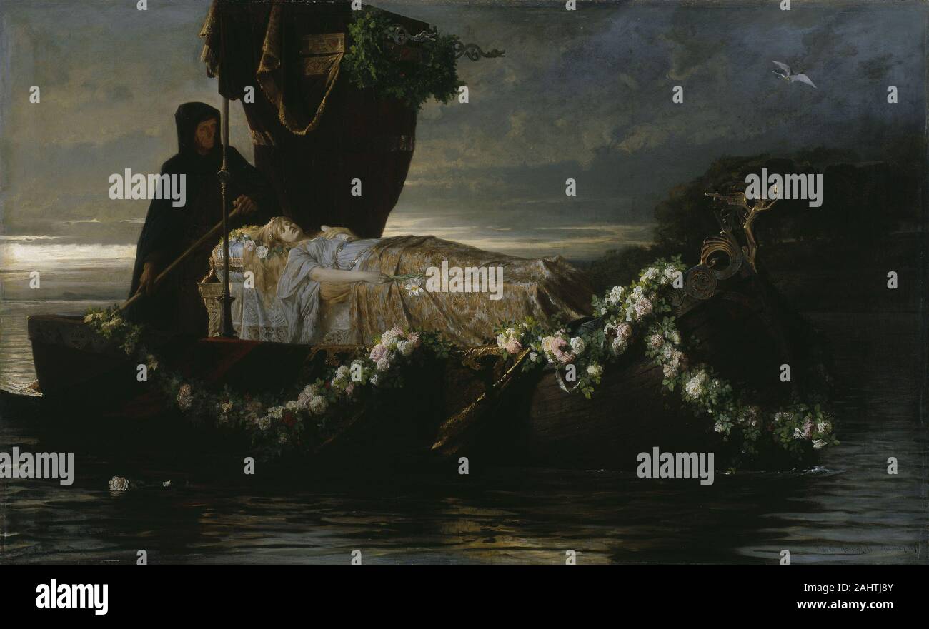 Toby Edward Rosenthal. Elaine. 1874. In den Vereinigten Staaten. Öl auf Leinwand Toby Edward Rosenthal fand Inspiration für diese Komposition in Idyllen des Königs, einem Gebäude aus dem 19. Jahrhundert Version der Arthurian legends Geschrieben von Alfred Lord Tennyson. In dem Gedicht, Elaine stirbt an einem gebrochenen Herzen nach verschmäht, von Sir Lancelot; Rosenthal's Malerei zeigt Elaine's postmortal Reise von astolat zu Camelot" In der rechten Hand eine Rose, in ihrer Linken/den Brief - alle, die ihr helles Haar unten Streaming." Rosenthal künstlerischen Entscheidungen der Einfluss der Präraffaeliten widerspiegeln, eine Gruppe englischer Künstler, die hig bevorzugt Stockfoto
