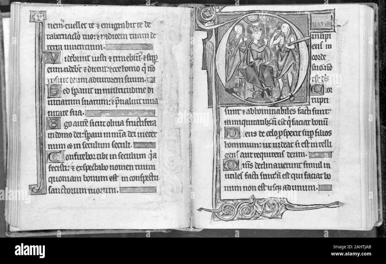 Psalter. 1280 - 1295. Belgien. Mit 214 Folios, 17 Miniaturen Manuskript, zehn historisierte Initialen und zwei ganzseitige Miniaturen, mit Grenzen und Initialen in Tempera und Blattgold, Textseiten in Graphit mit lateinisch littera Textualis formata Inschriften in schwarze Tinten regiert, auf Pergament, in modernen roten Samt über Karton gebunden, mit vergoldeten und Schnittkanten Stockfoto