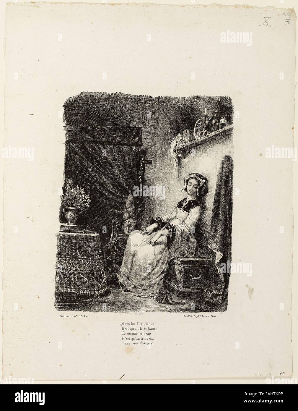 Eugène Delacroix. Marguerite am Spinnrad. 1828. Frankreich. Lithographie in Schwarz auf Elfenbein webte Papier Stockfoto
