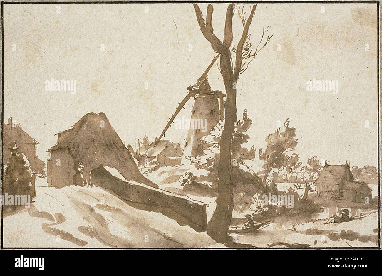 Jan de Bisschop. Windmühle in der Nähe von Den Haag. 1618 - 1671. Holland. Pen und braune Tusche und Pinsel und Braun waschen, auf Elfenbein Bütten, Perimeter montiert blau-grau Bütten Stockfoto