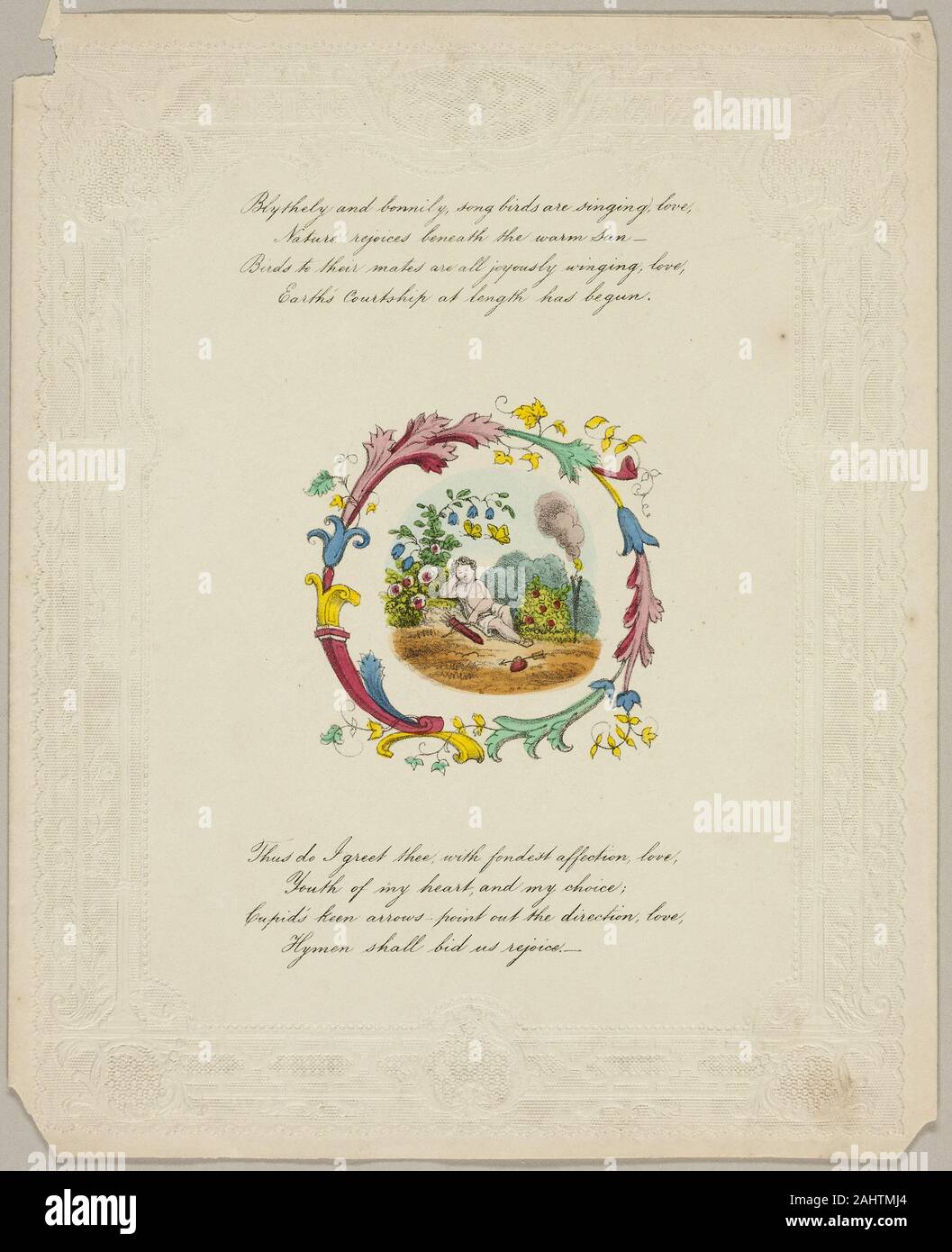 Unbekümmert und Bonnily, Song Vögel singen Liebe (Valentinstag). 1840 - 1860. England. Lithographie mit hand-Färbung auf gestanztem Elfenbein webte Papier Stockfoto