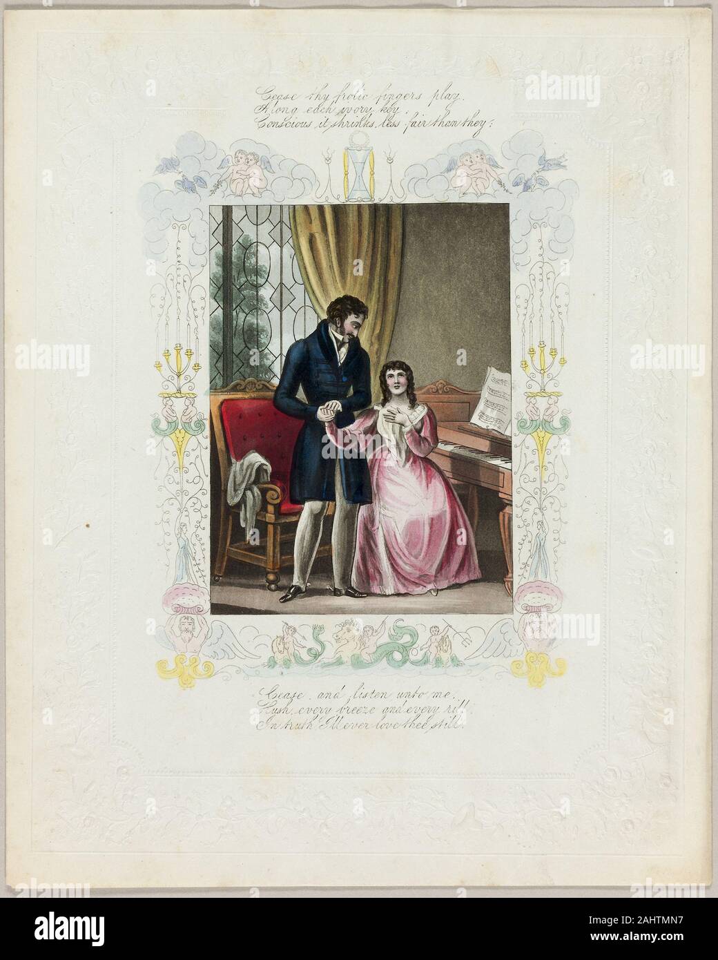 Aufhören Dein Frolic Finger spielen (Valentine). 1835 - 1845. England. Lithographie mit hand-Färbung über die Prägungen - Weiße webte Papier Stockfoto