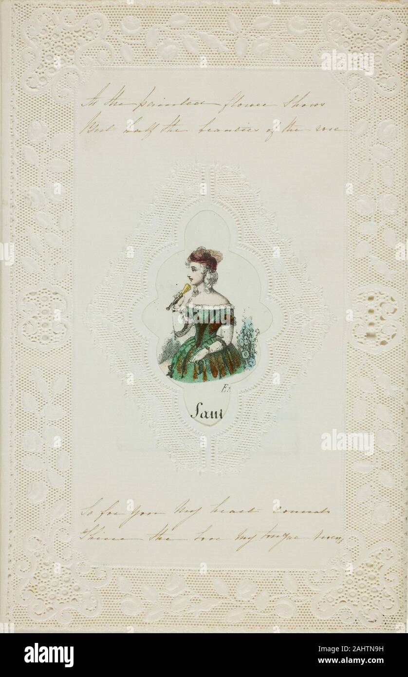 Wie die Blume zeigt (Valentine). 1845 - 1855. England. Lithographie mit hand-Färbung auf Schnitt und geprägte Elfenbein webte Papier mit Stift und Bister collagierten Stockfoto