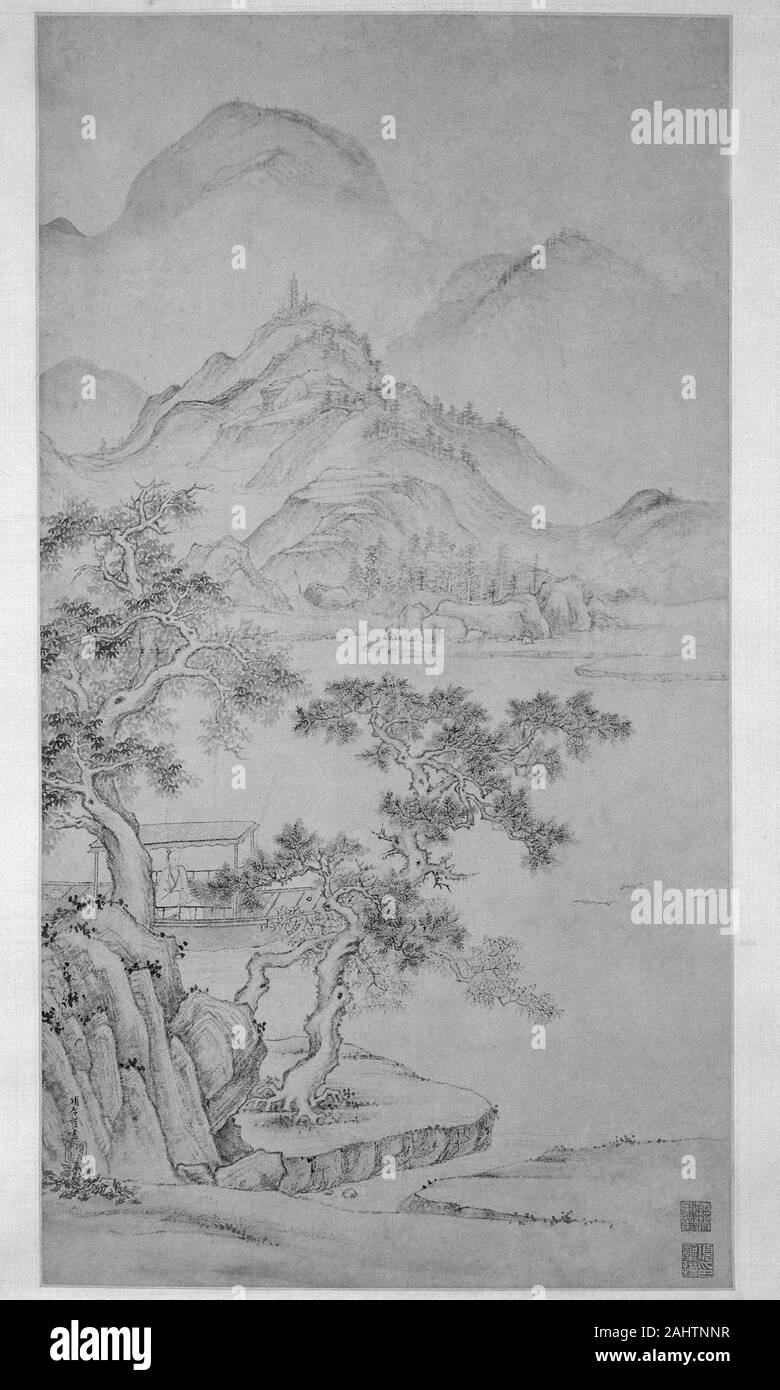 Xiang Shengmo. Fluss- und Berglandschaft. 1368 - 1662. China. Hängerolle, Tusche auf Papier Xiang Shengmo war ein Enkel von Xiang Yuanbian (1525-90), ein angesehener Kenner und Sammler von Malerei und Kalligraphie. Zeichnete der Künstler auf eine Vielzahl von antiken Quellen für seine kleine Landschaften, die für ihre akribische Bauzeichnen und ruhige Stimmung bekannt sind. Die einsame Abbildung abgebildeten wahrscheinlich stellt einen Reclusive Gelehrter - Beamten, die von der Gesellschaft in die Einsamkeit der Natur zurückgezogen hat - eine ideale, denen Xiang und anderen Künstlern angestrebt. Der Zusammenbruch der Ming-Dynastie und Stockfoto